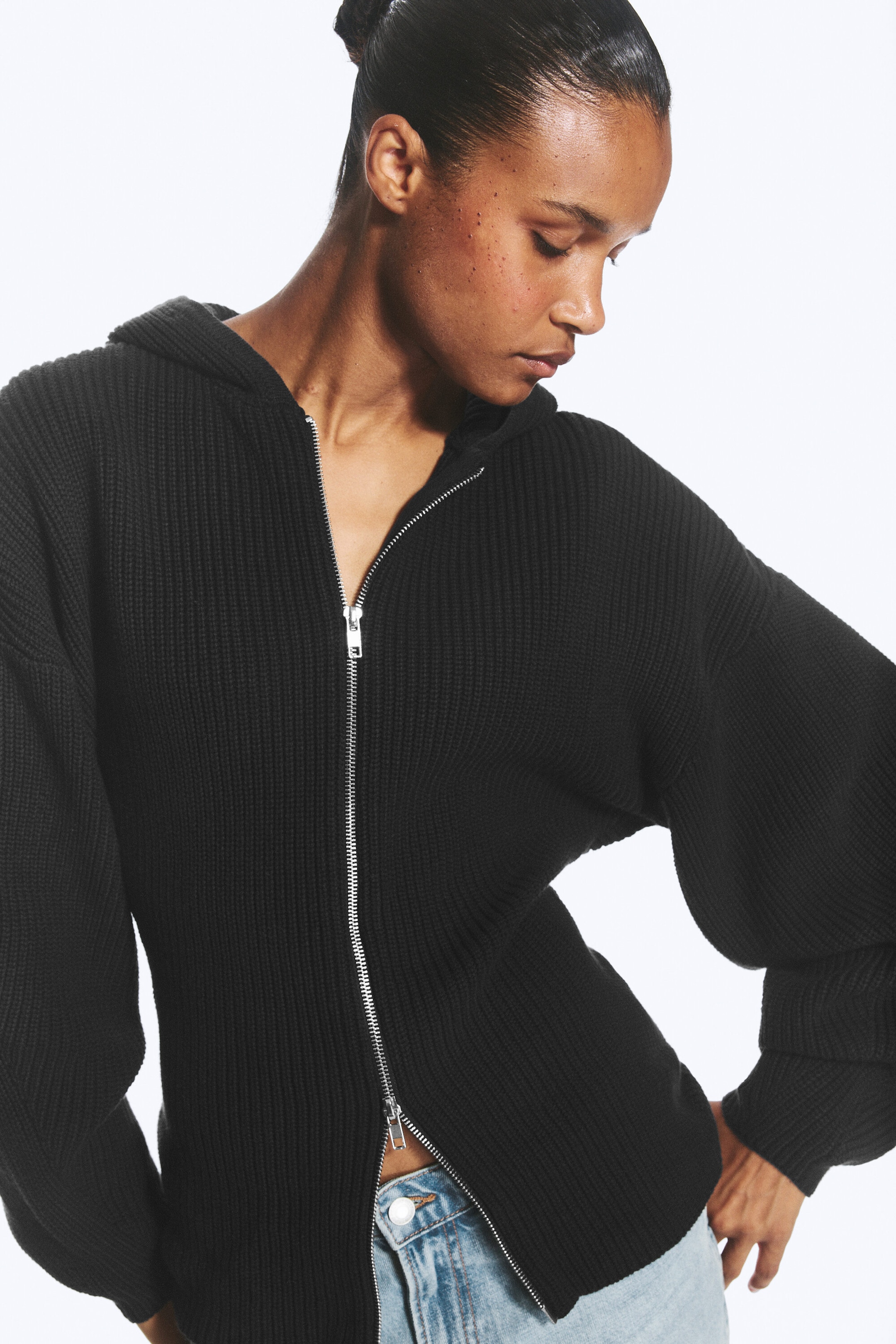 Noir - Sweat à capuche Long en maille - 1