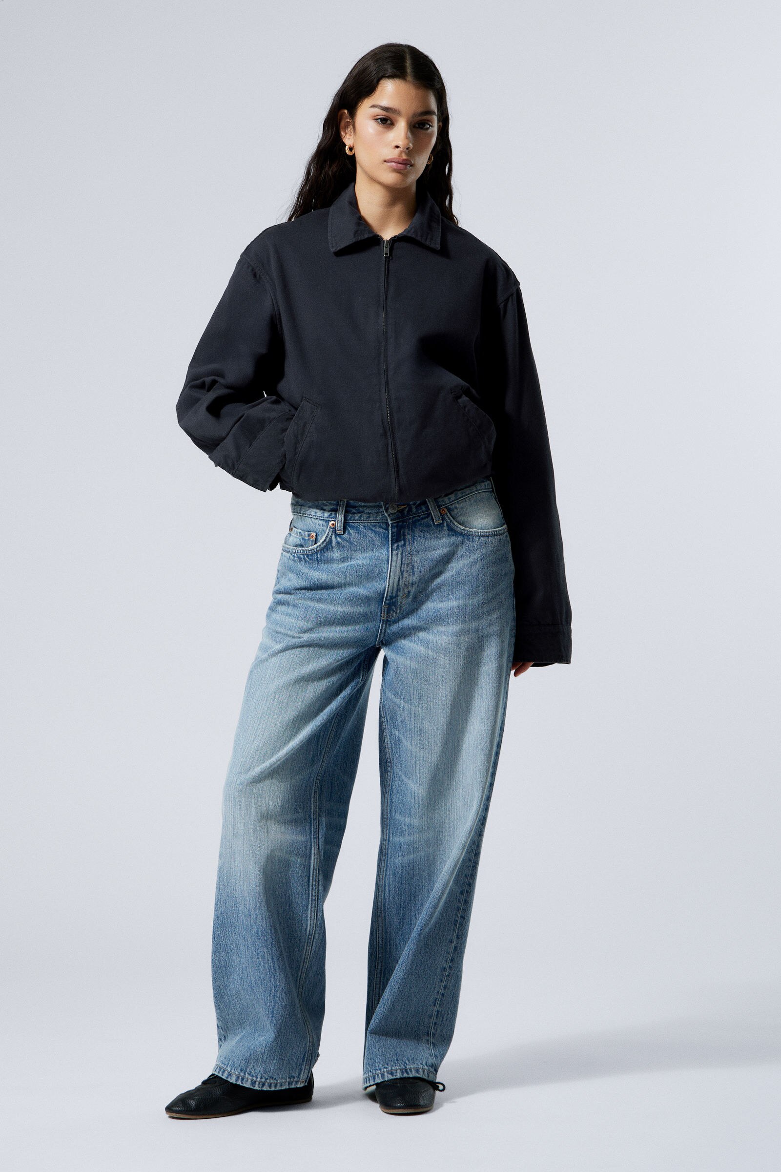 【oan】Loose Fit Black Blue Jacket loose fit cotton twill zip jacket - Dark Blue | Weekday WW