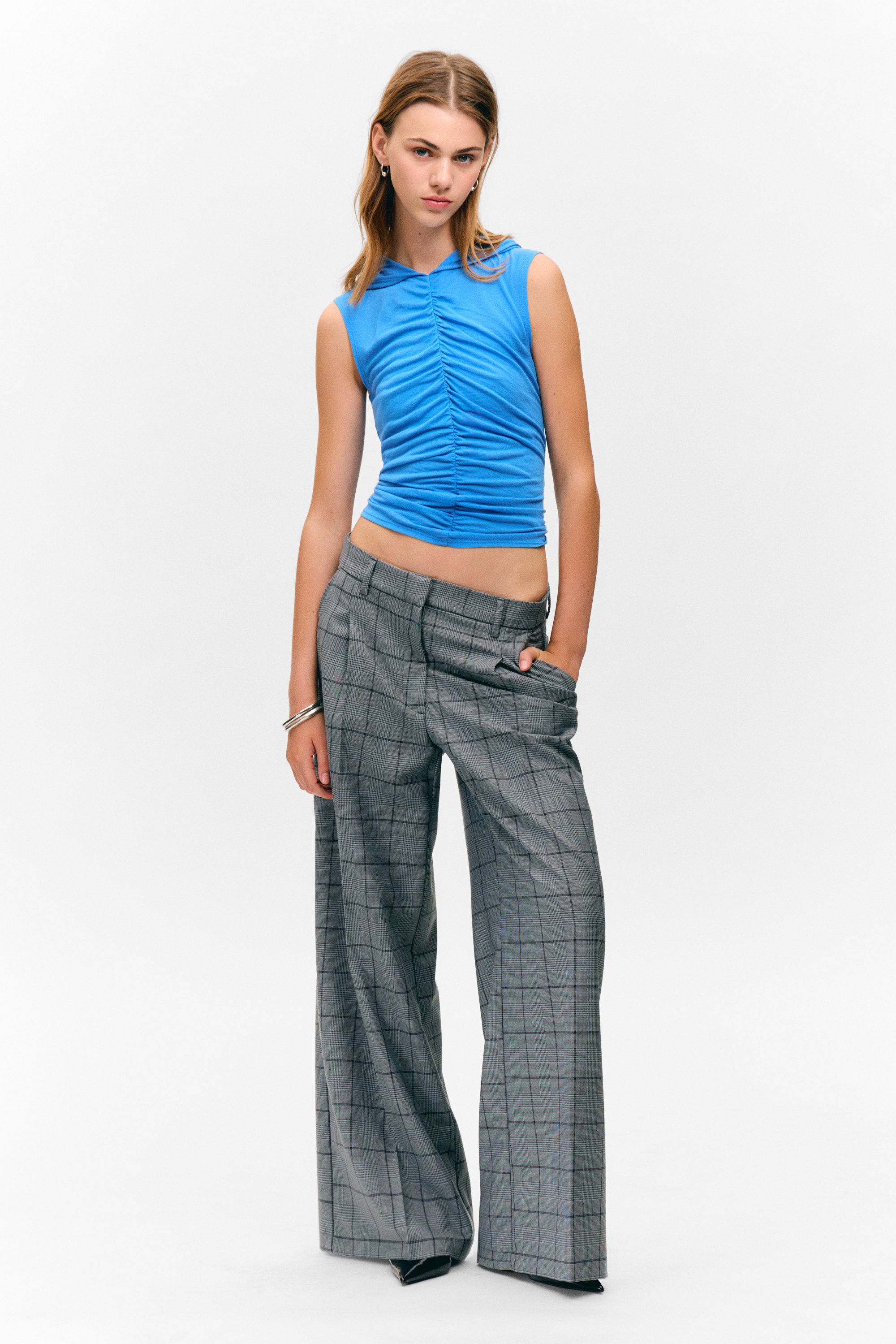 Checked Grey - Pleated High Waist Wide Leg Suiting Trousers - 1