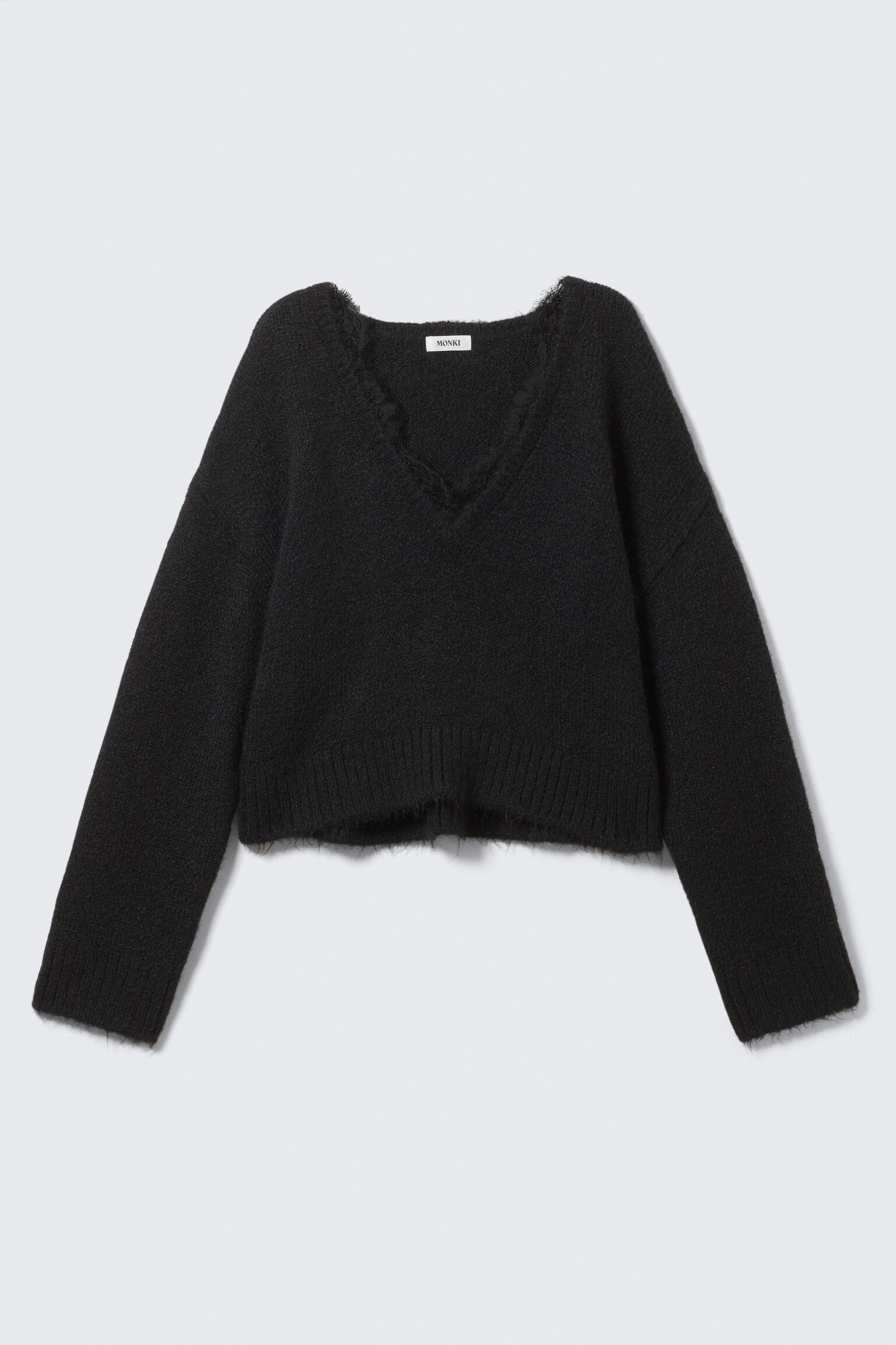 Lace-trimmed V-neck Sweater - Black/White - 2