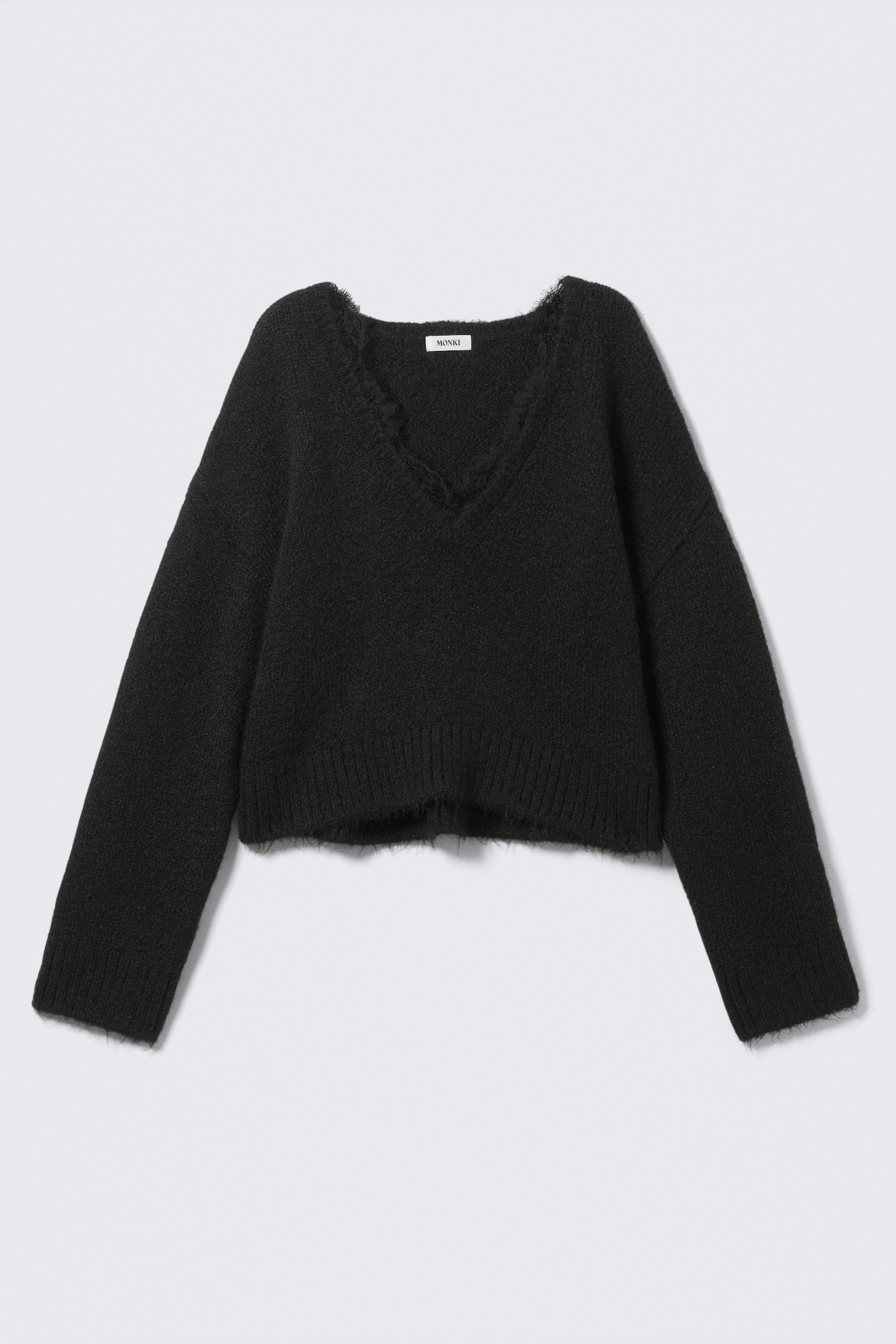 Lace-trimmed V-neck Sweater - Black/White - 2