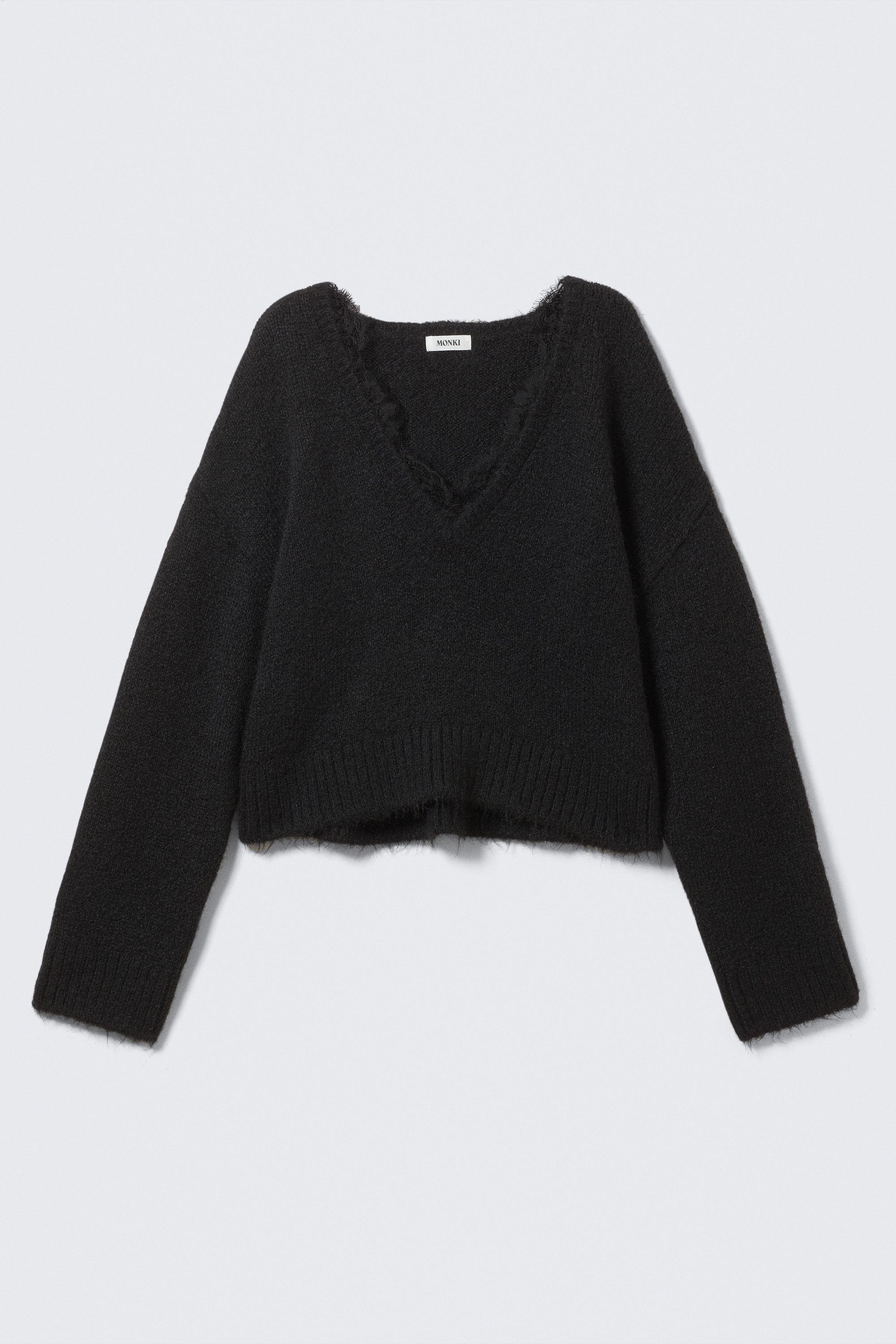 Black - Lace-trimmed V-neck Sweater - 4