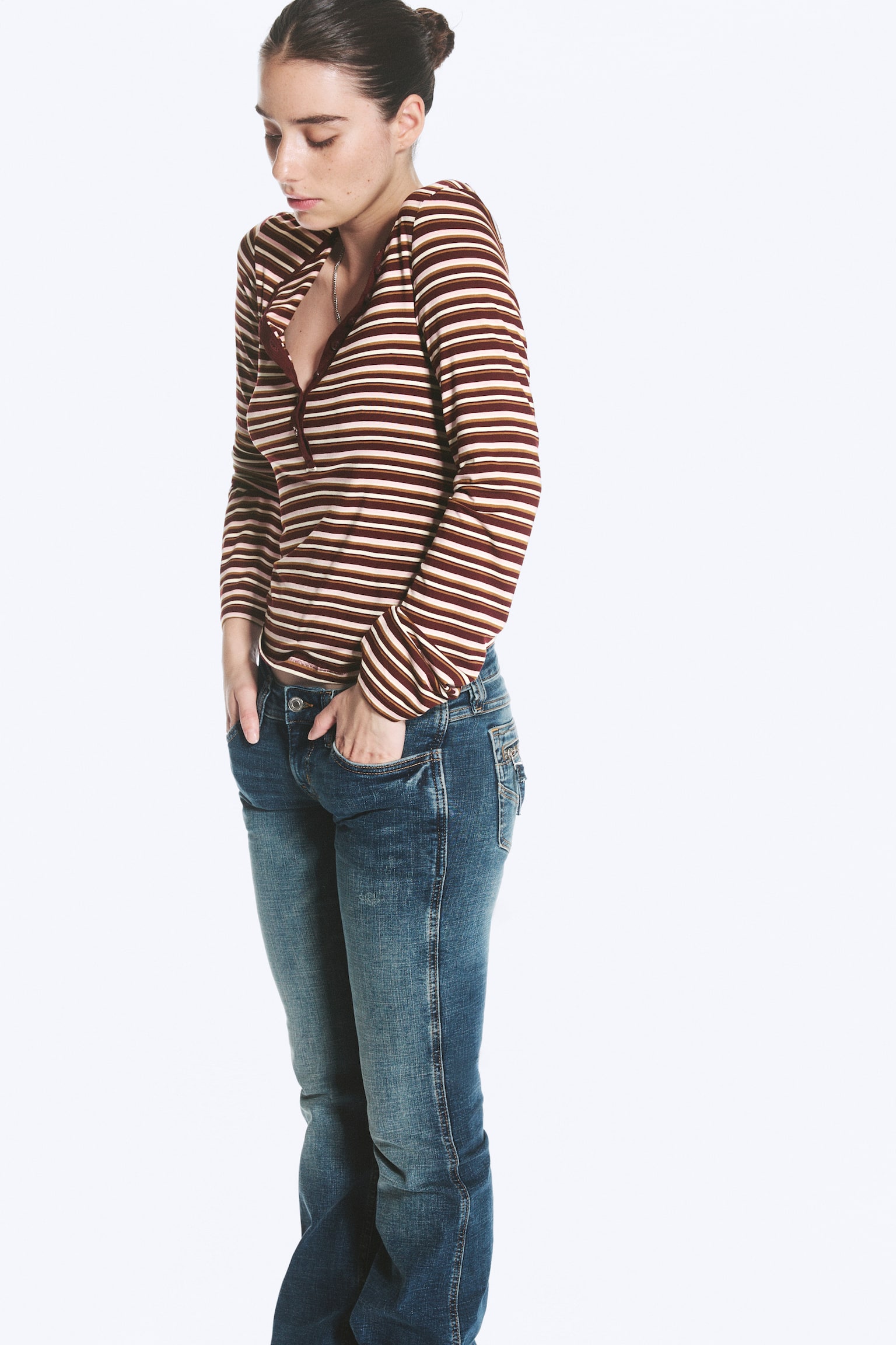 Slim fit Långärmad Henley - Mörkröd/Svart Randig/Vit/Svart - 1