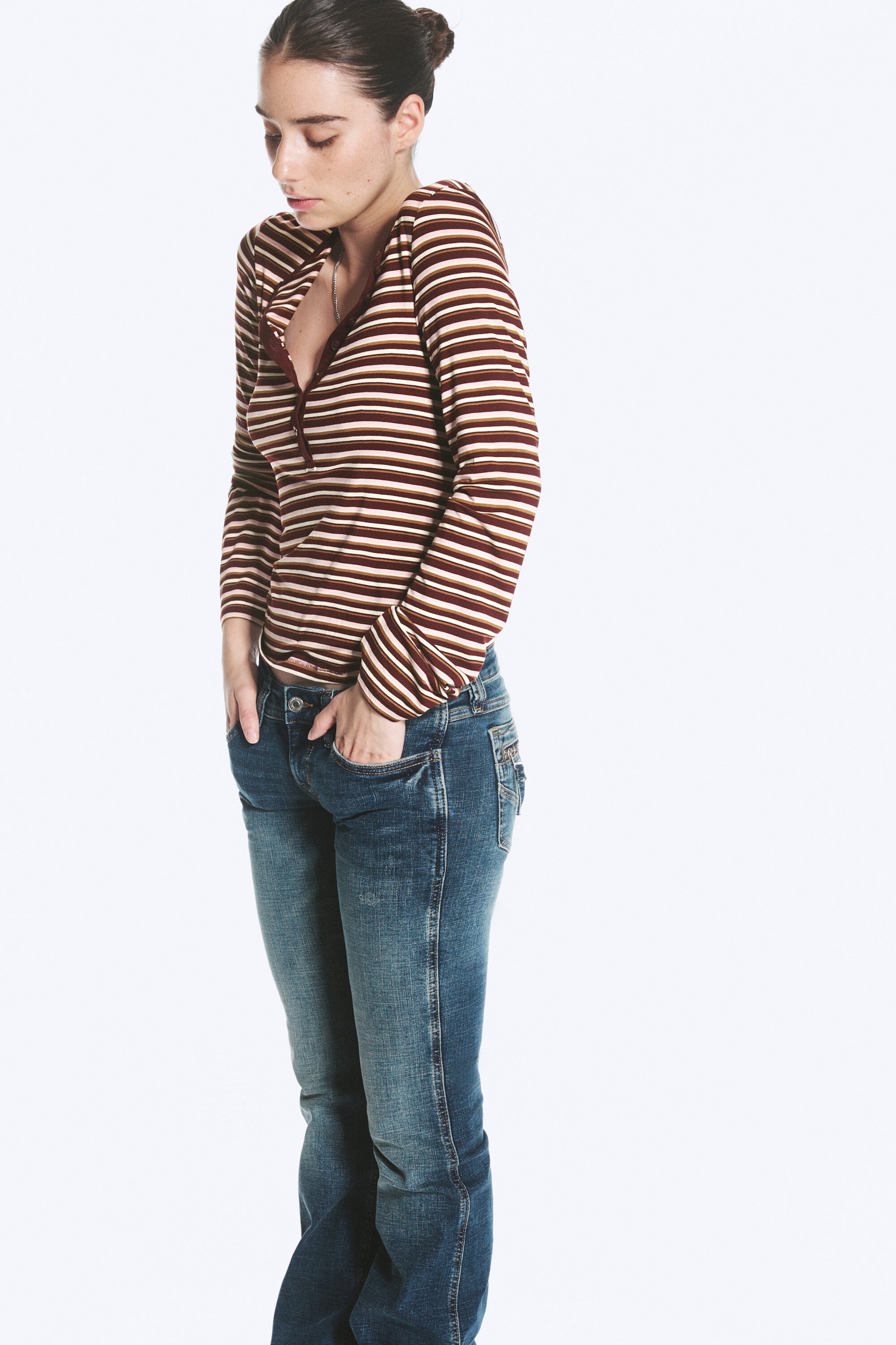 Striped Dark Red - Slim fit long-sleeved henley - 0