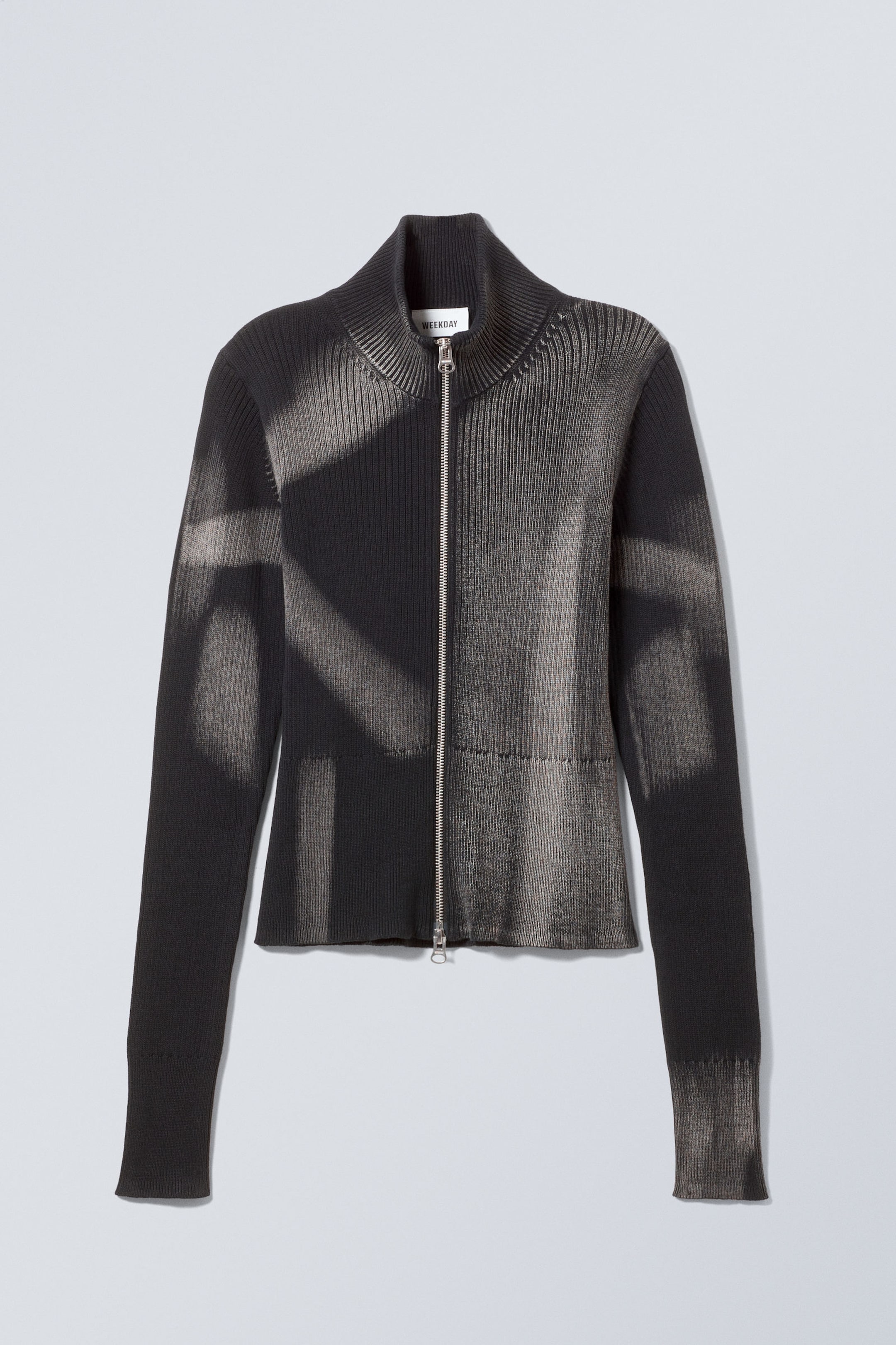 Schwarz m. grauem Pinselstrich - Strickjacke aus Rippstrick mit Reißverschluss - 0