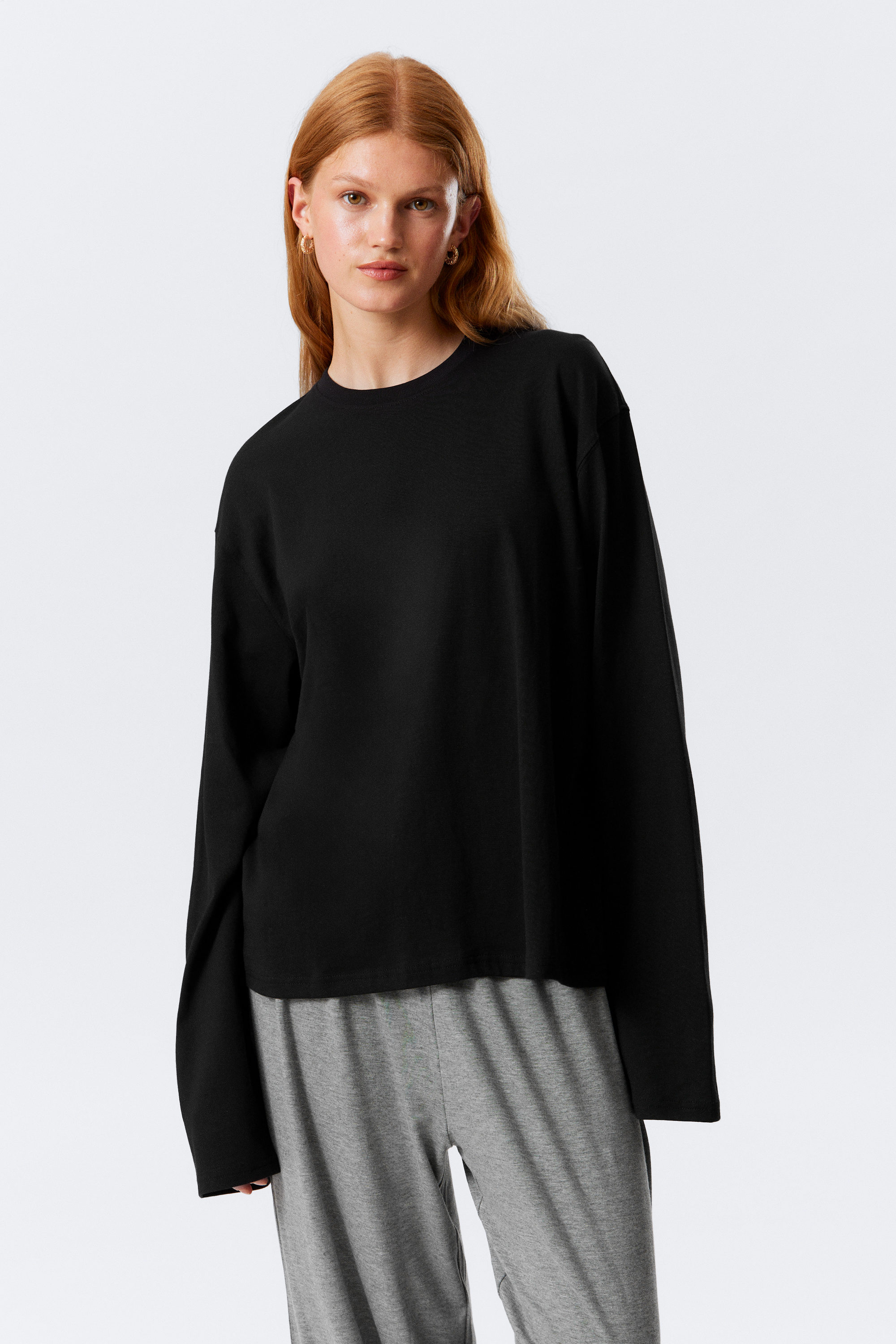 Black - Long-Sleeved Boxy Cotton T-shirt - 1