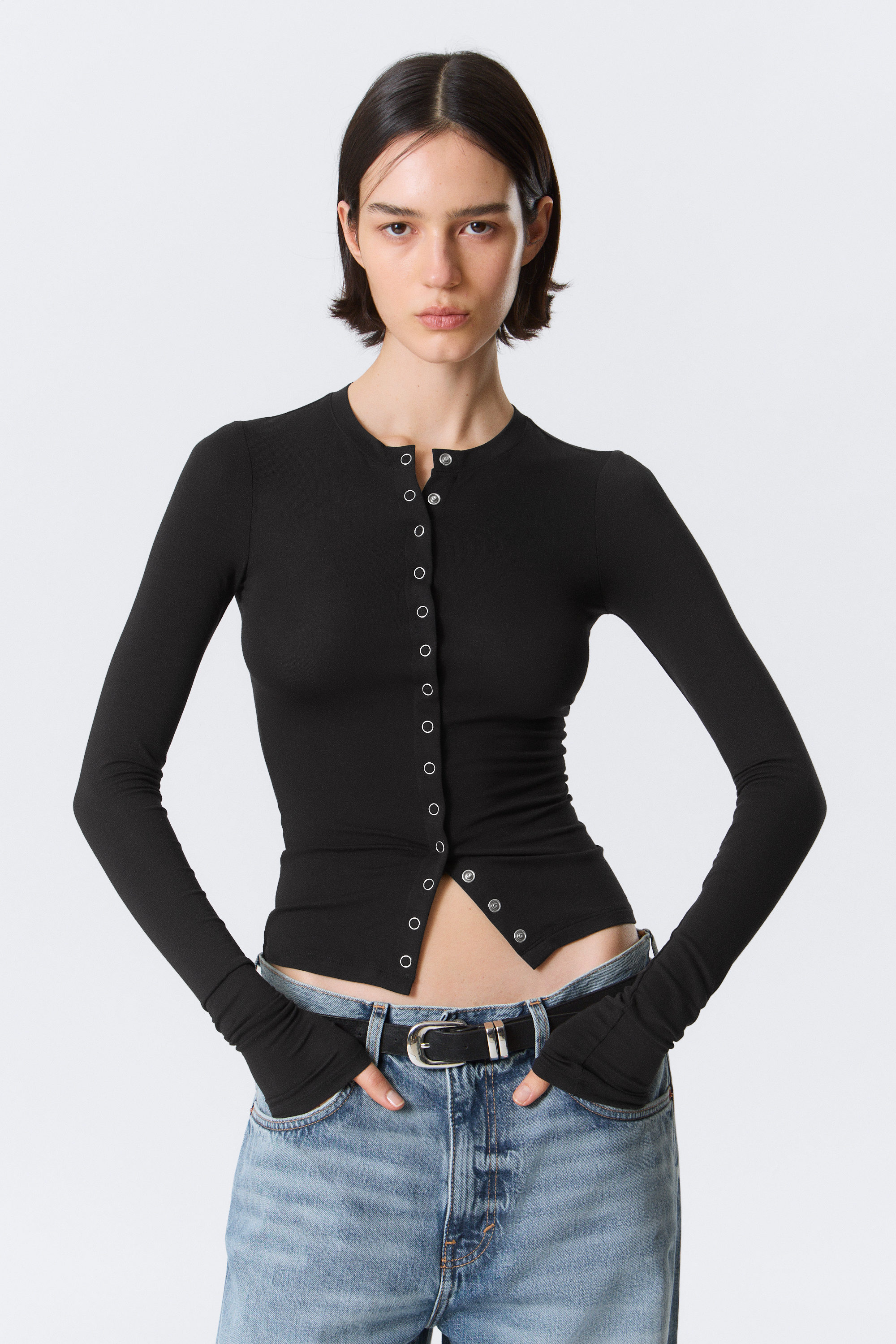 slim long-sleeved buttoned cardigan - Black | Weekday EU
