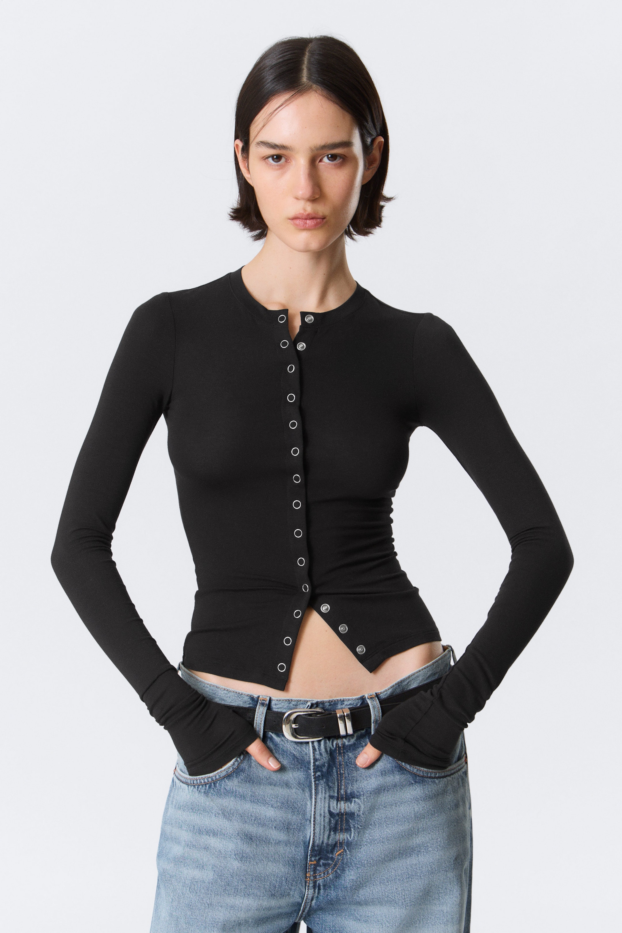 Black - Slim Long-Sleeved Buttoned Cardigan - 2