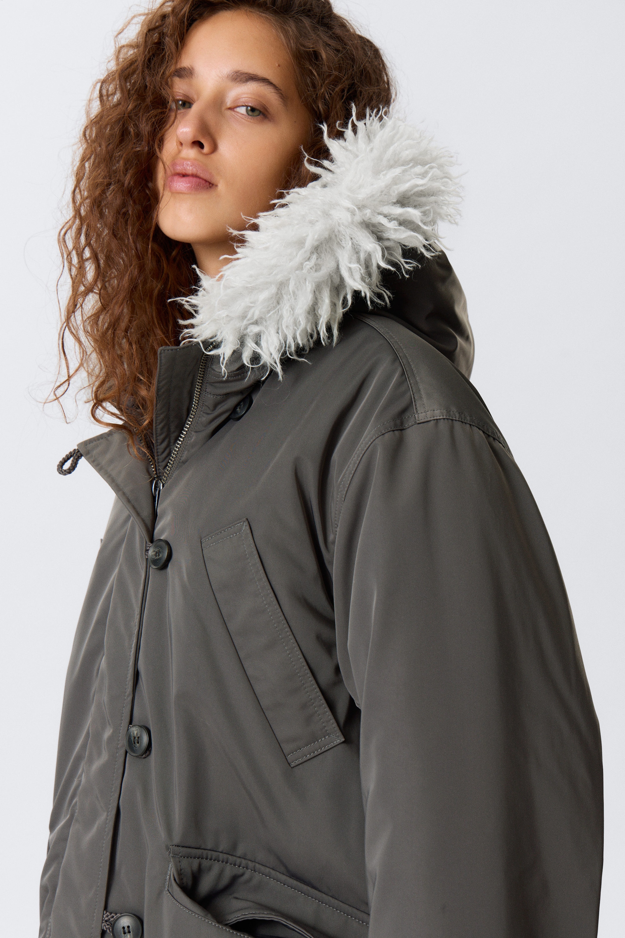 Dark Grey - Padded Bomber Parka with Faux Fur Trim - 3