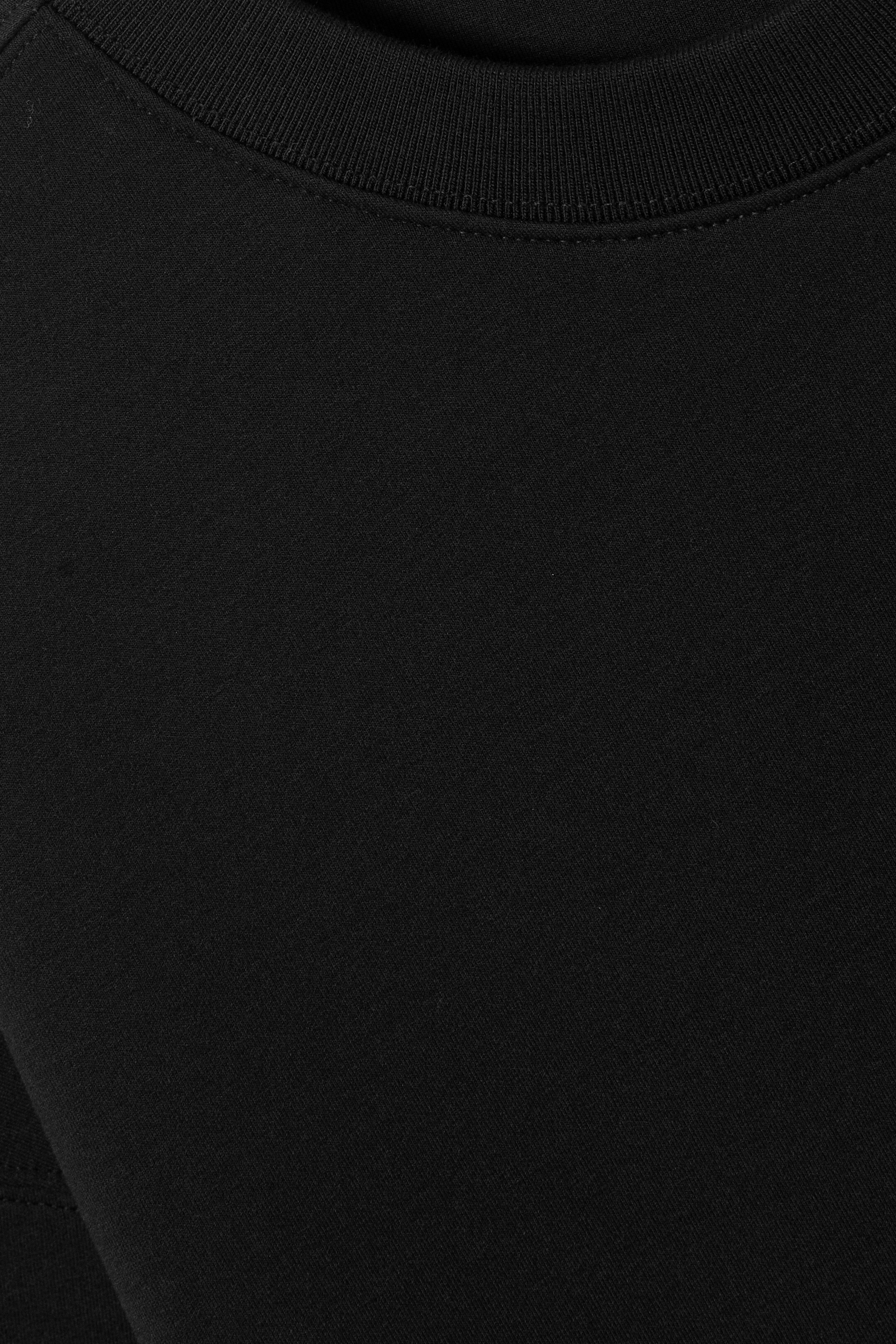 Se større billede: Et sort crewneck-tøj viser sin forside og har en ribbet halsudskæring, der forbinder det glatte hovedstof med synlige syninger.