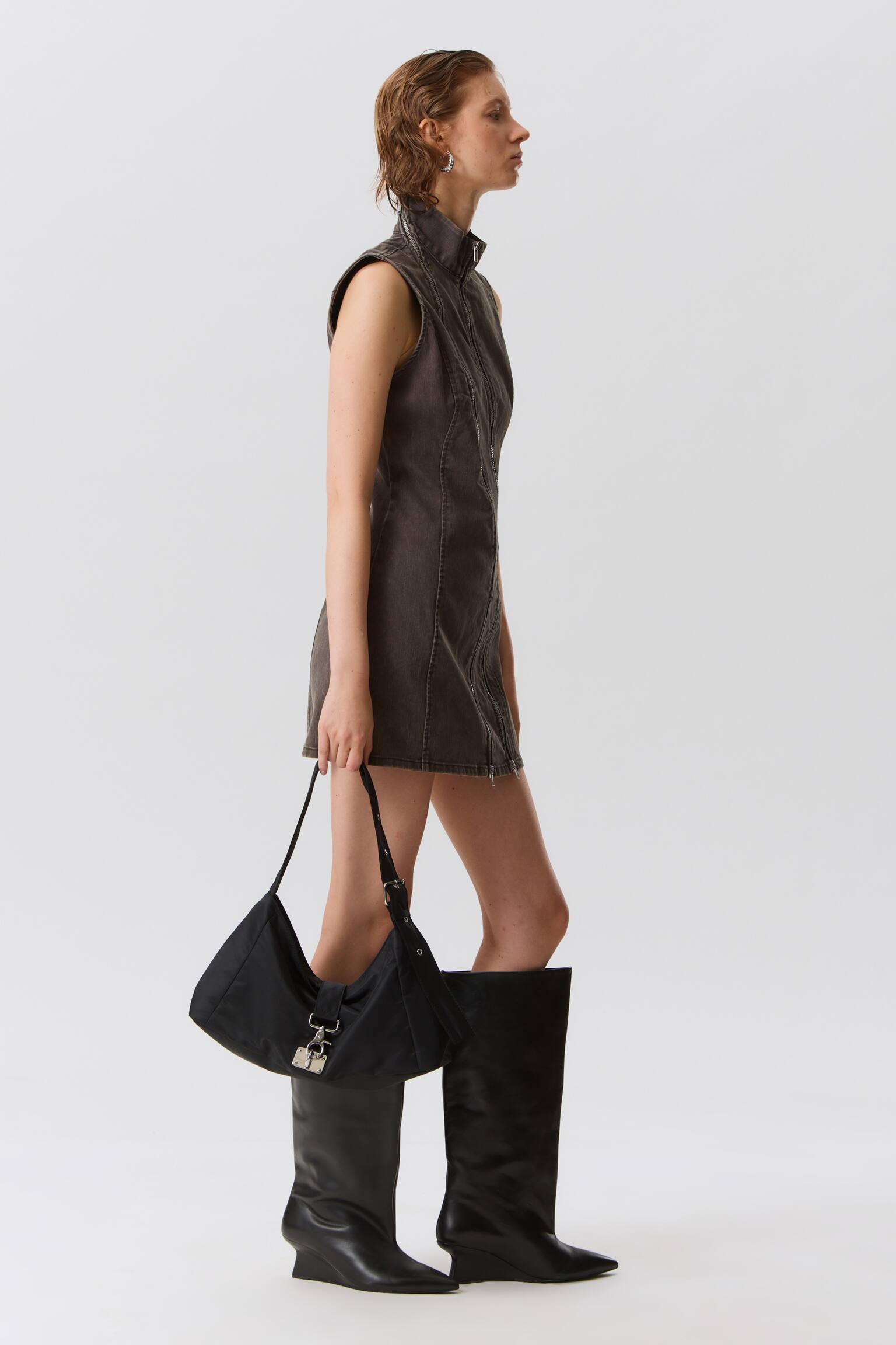 Slim Curvy Zip Mini Kjole - Mørkegrå - 4