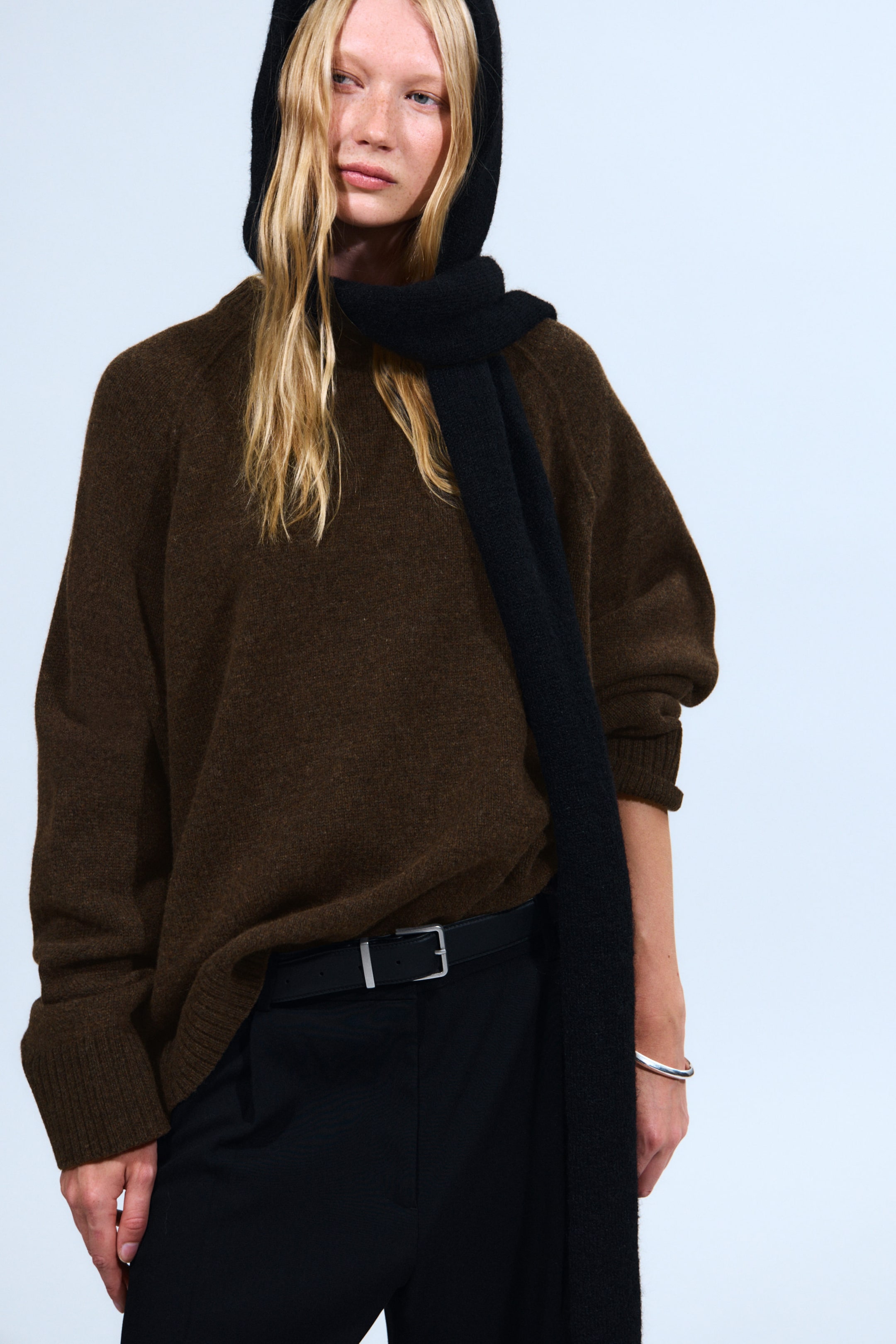 Dark Brown Melange - Relaxed Knitted Wool Sweater - 1