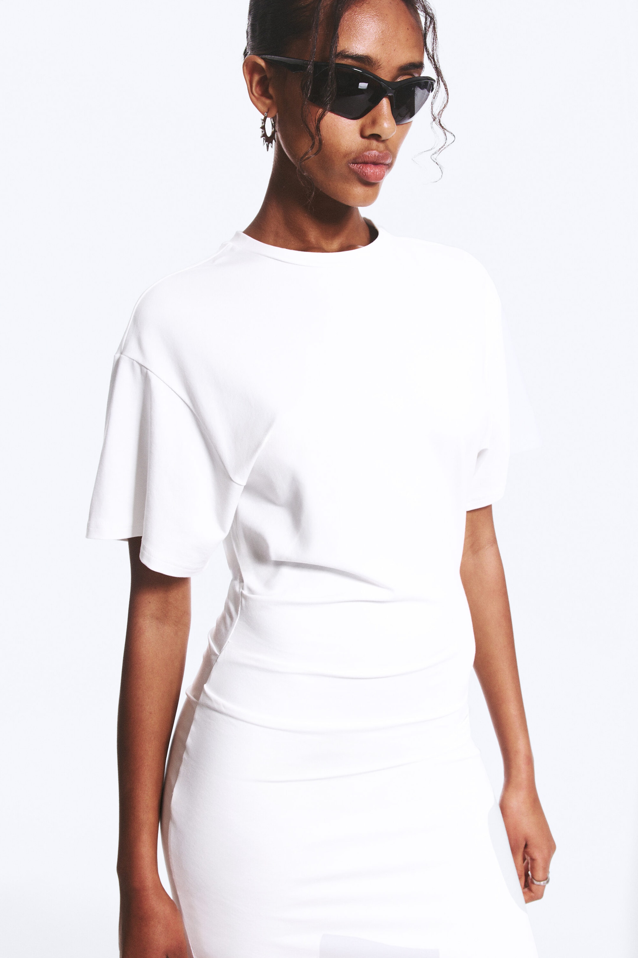 White - Gathered Short-Sleeved Maxi Dress - 2