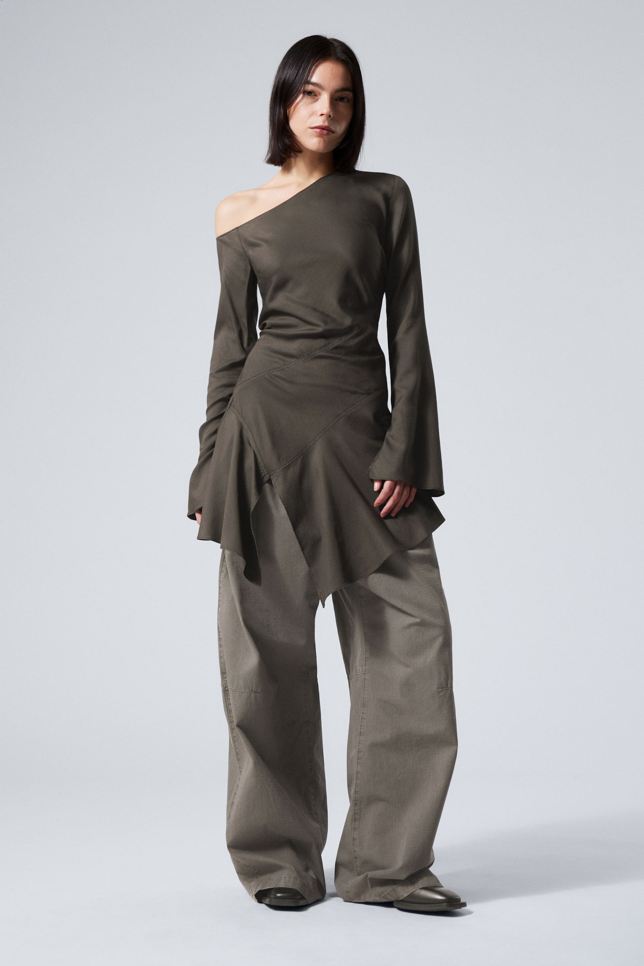 Dark Grey - Long-Sleeved Asymmetric Mini Dress - 1