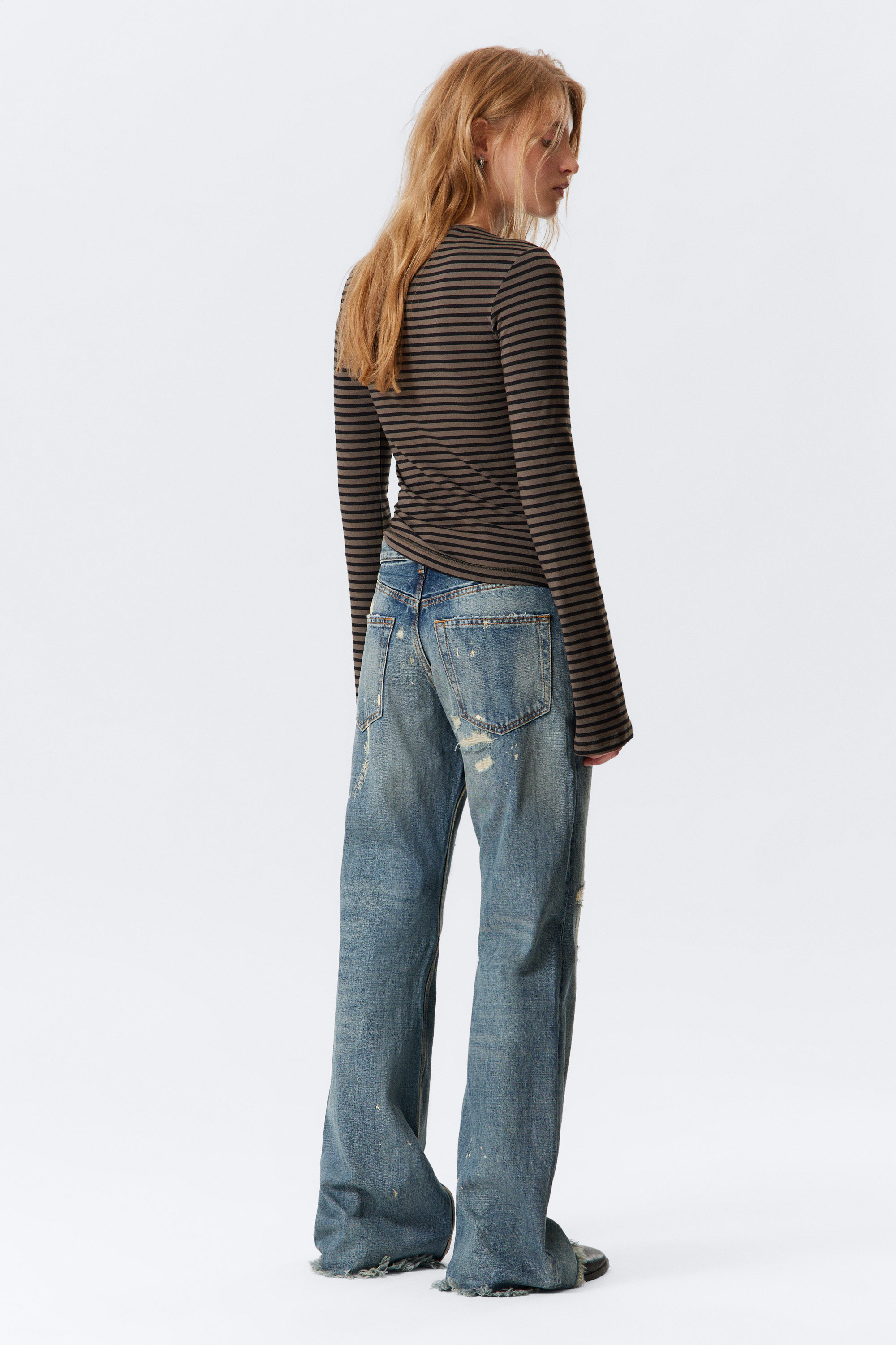 Randig mörkbrun - Långärmad topp i bomull - 2