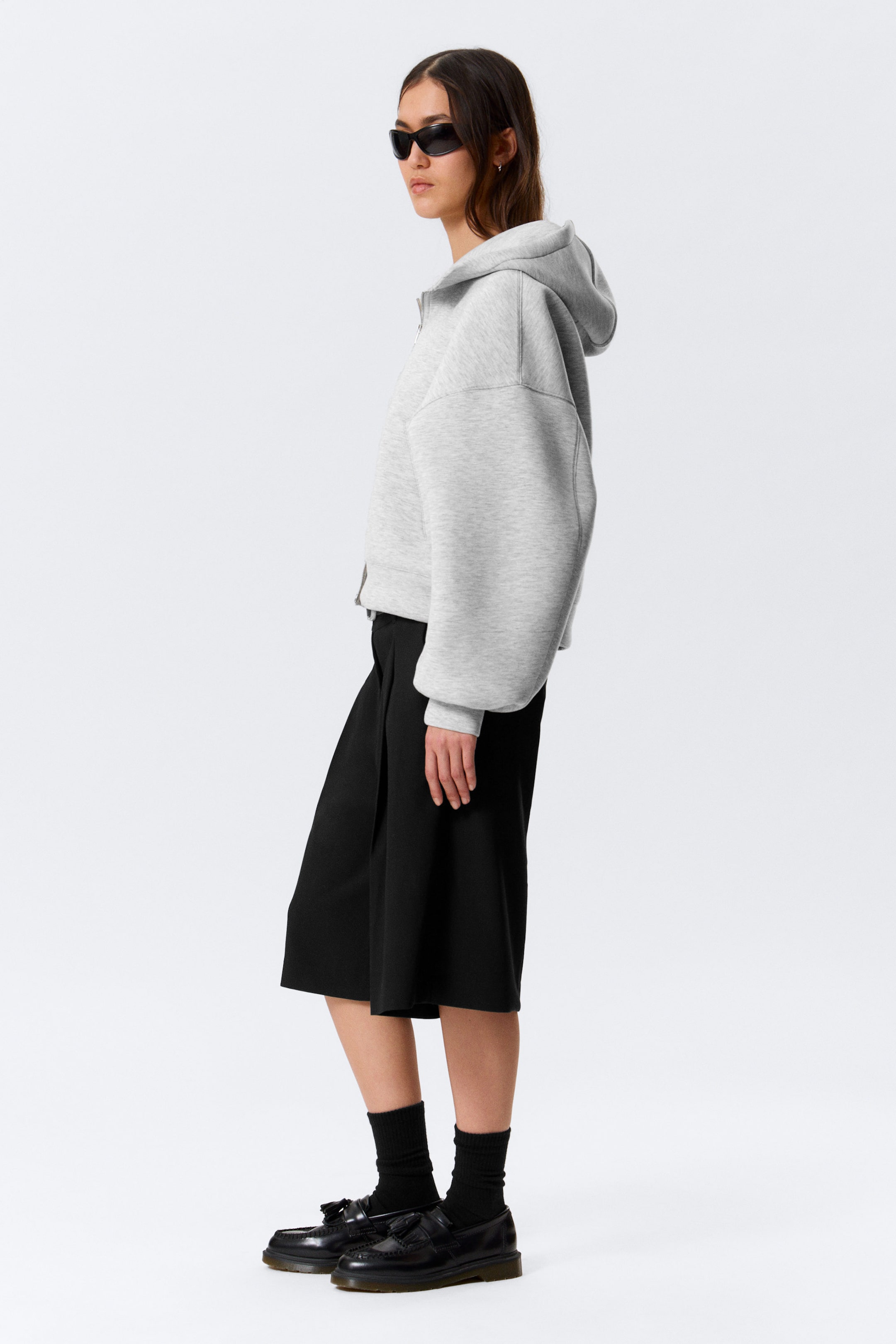 Grey Melange - Oversized Funnel Neck Scuba Zip Hoodie - 2