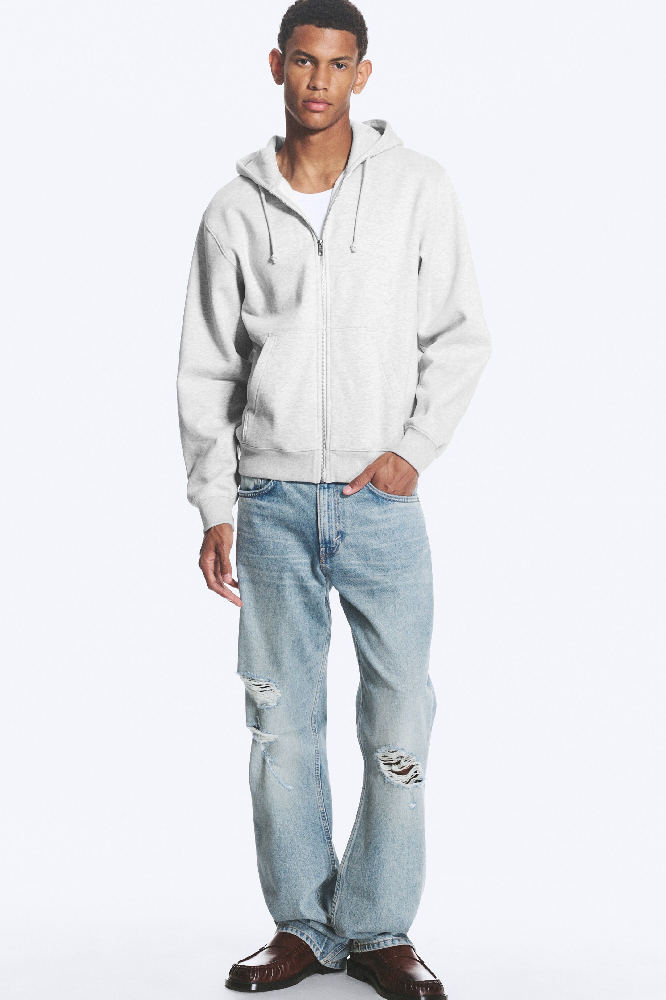 Gris chiné - Sweat à capuche zippé classique - 2