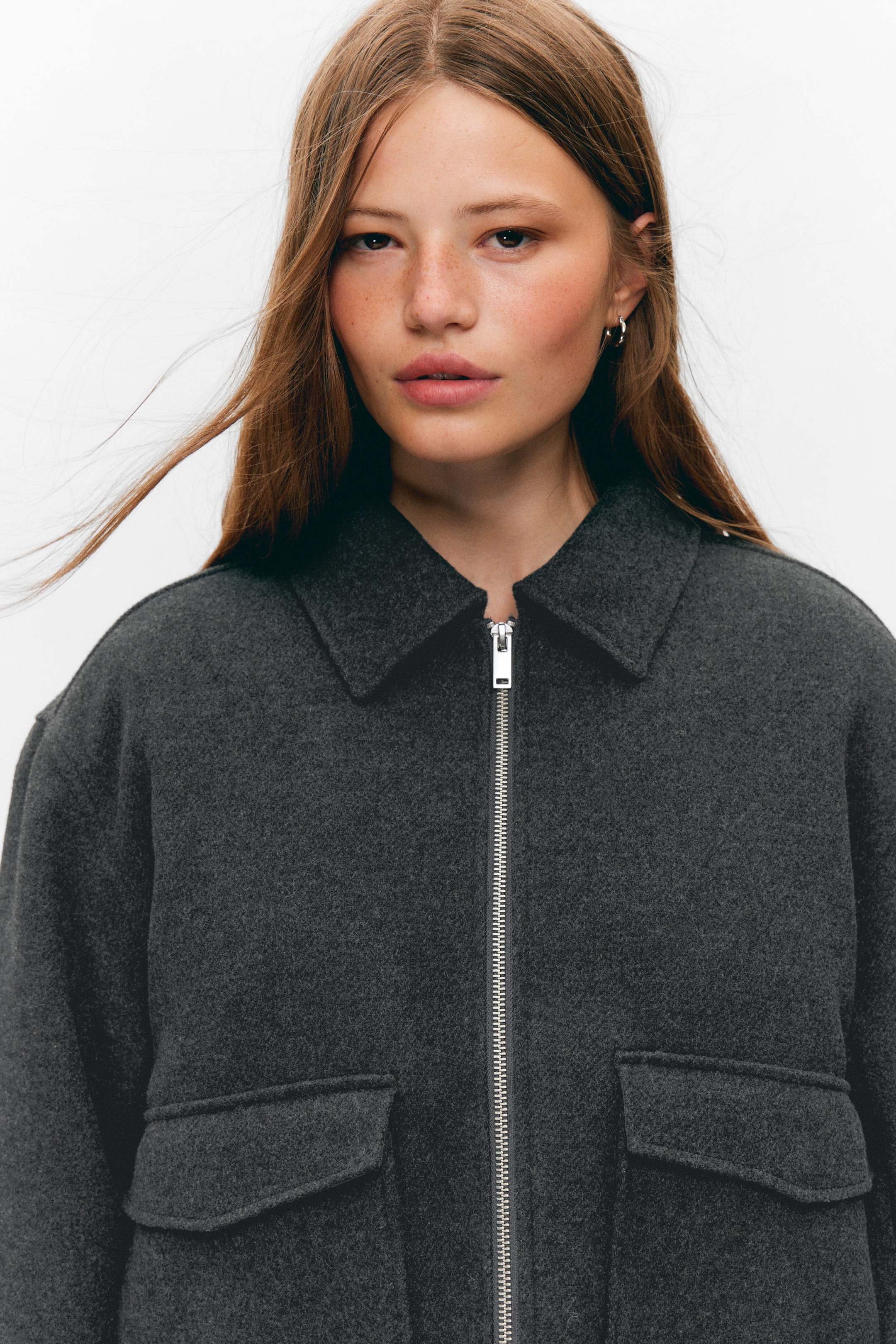 Dark Grey Melange - Cropped Boxy Zip Jacket - 2