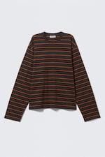 Striped Dark Brown - Long-Sleeved Boxy Cotton T-shirt - 0