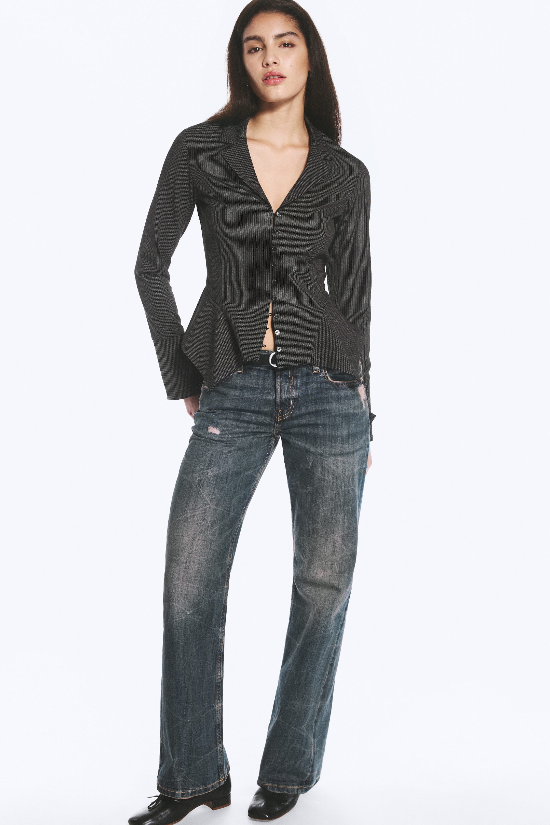 Noir rayé - Chemise trapèze à manchettes longues - 2
