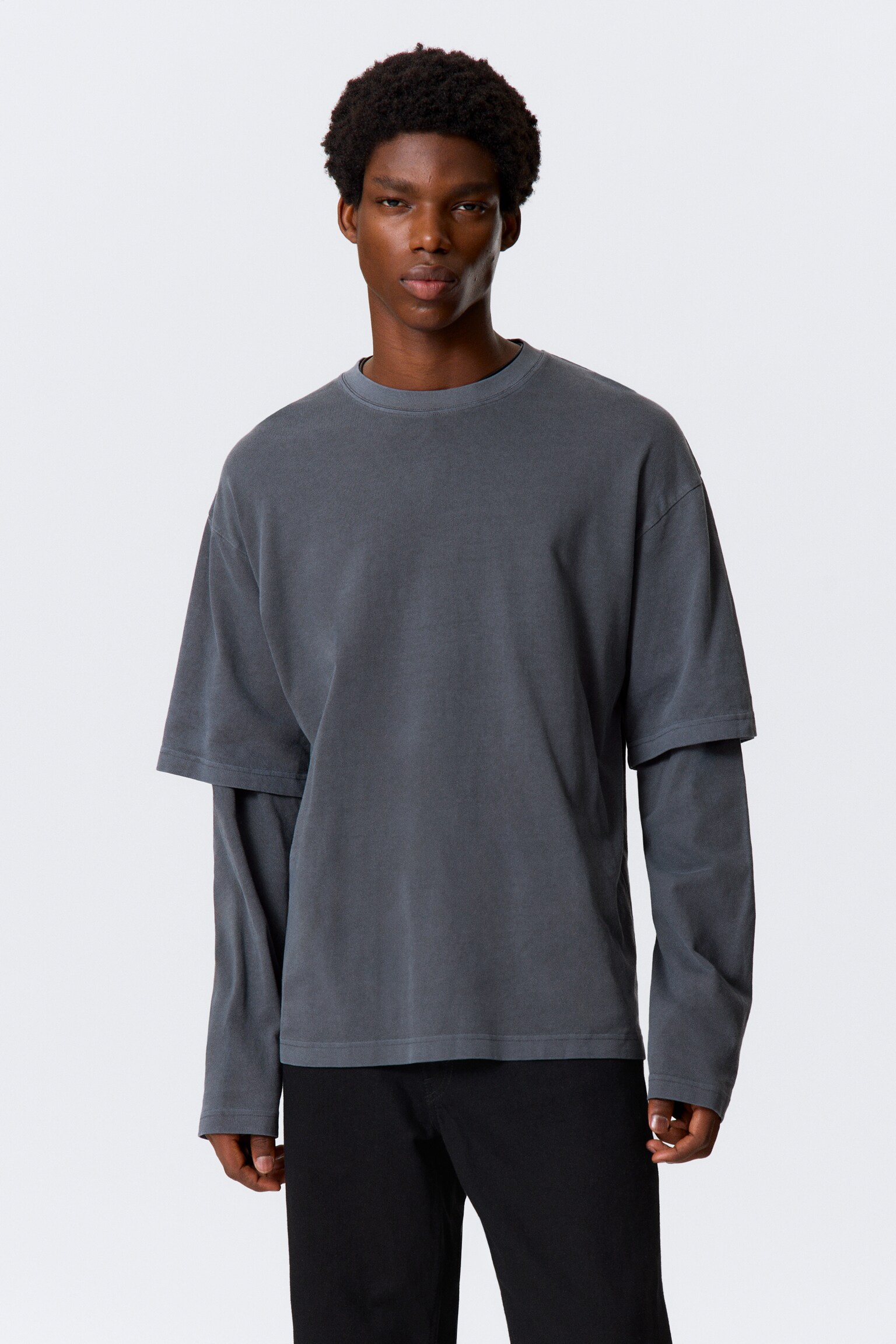Тениска от двоен слой памук - Washed Dark Blue/Черно и бяло