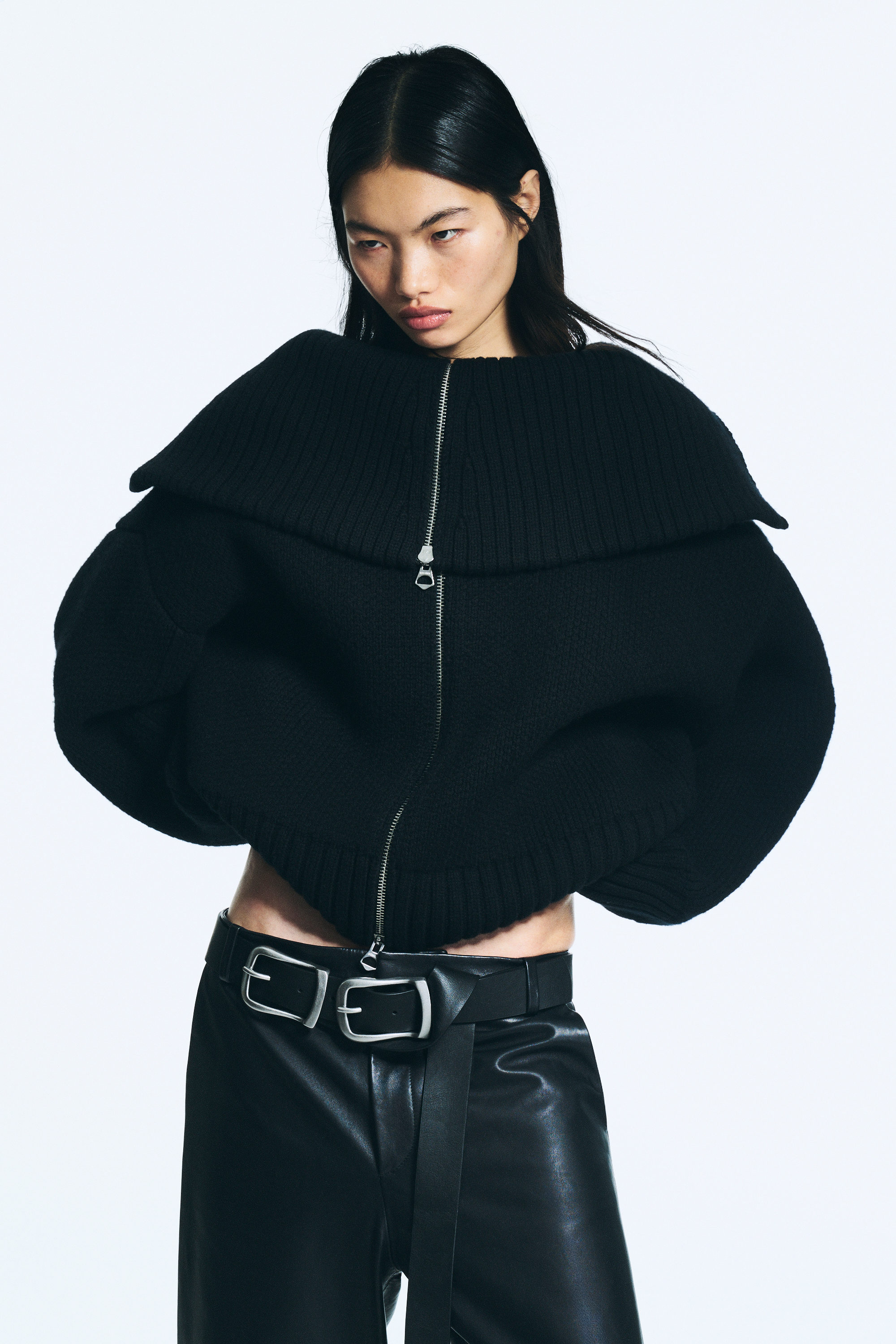 Schwarz - Dual-Zip-Strickpullover mit Trichterkragen - 1