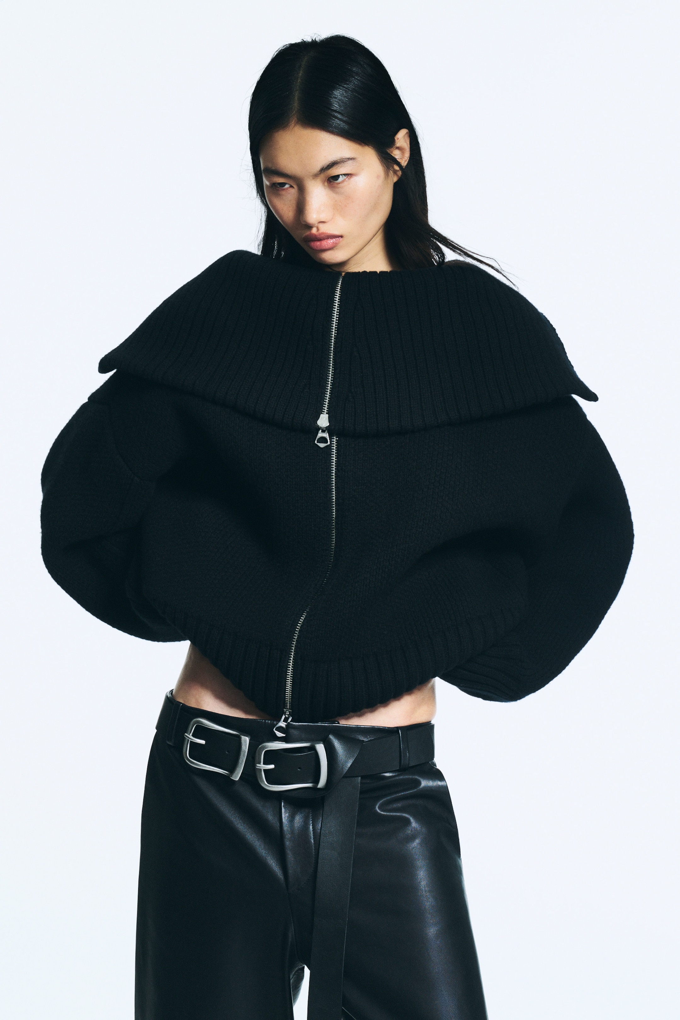 Schwarz - Dual-Zip-Strickpullover mit Trichterkragen - 1