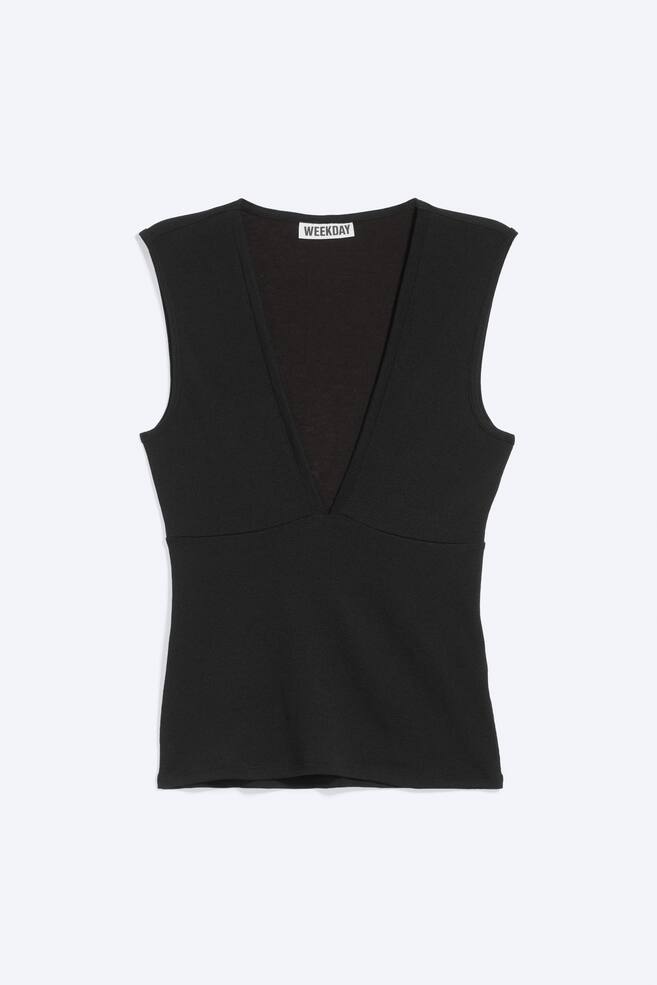 Fitted V-Neck Sleeveless Top - Black/Black/Light Grey Melange/Dark Brown/White/Dusty Khaki Green - 1
