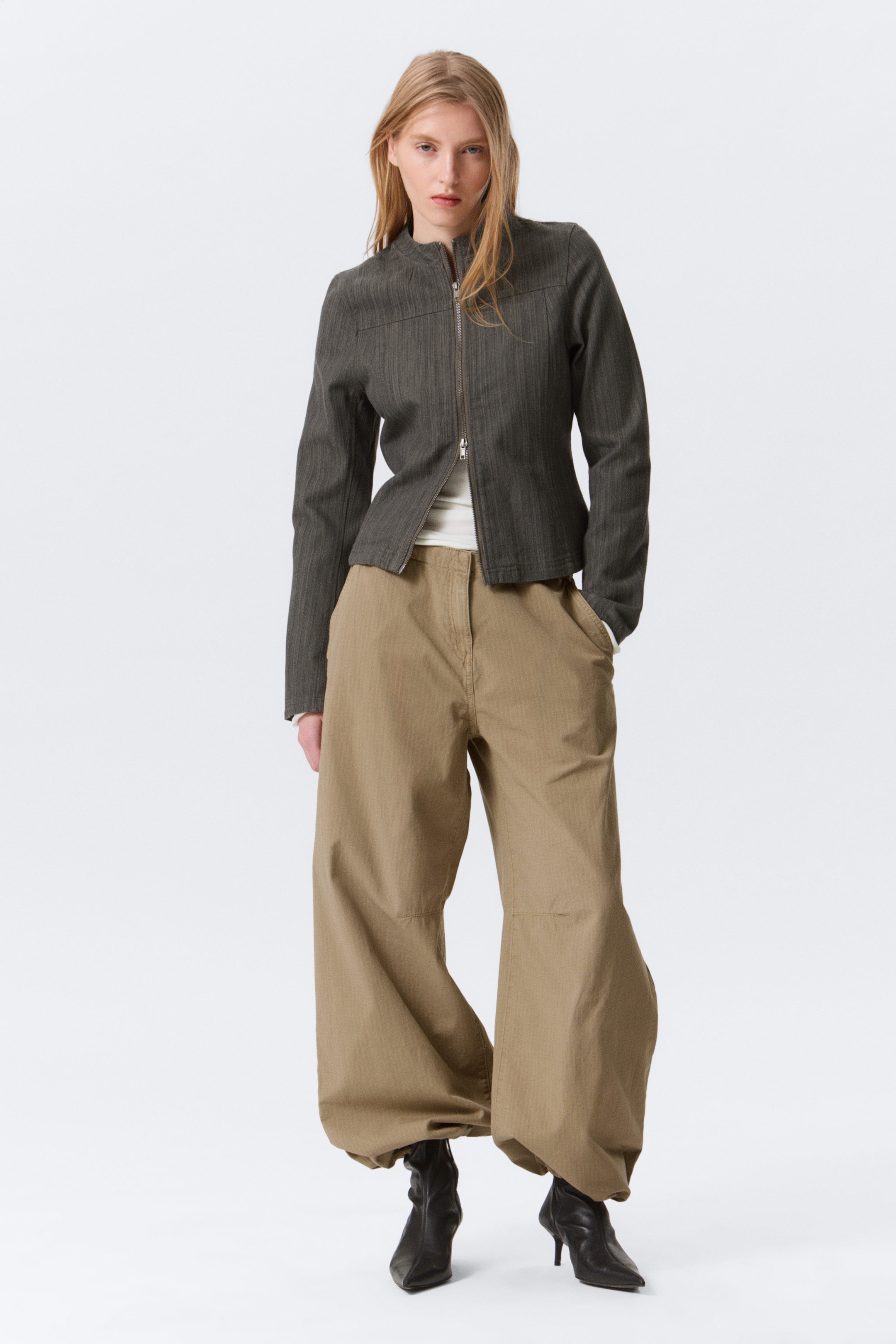 Dark Grey - Tight Structured Cotton Zip Jacket - 1