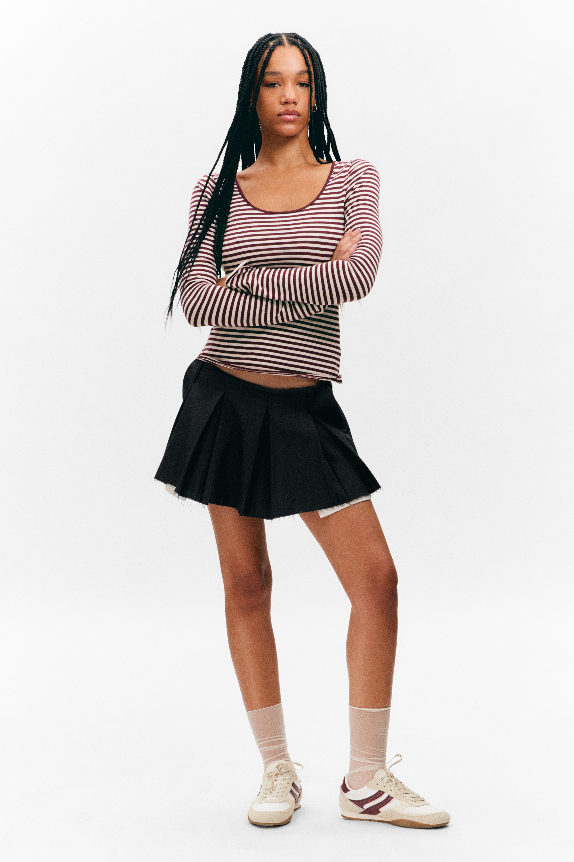 Pink & Burgundy Stripes - Long-Sleeved Slim Fit Scoop Neck Top - 2
