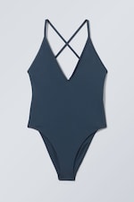 Marineblau - Badeanzug mit tiefem V-Ausschnitt - 0