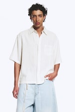 Vit/Grå-randig - Ledig kortärmad skjorta i linneblanding - 0