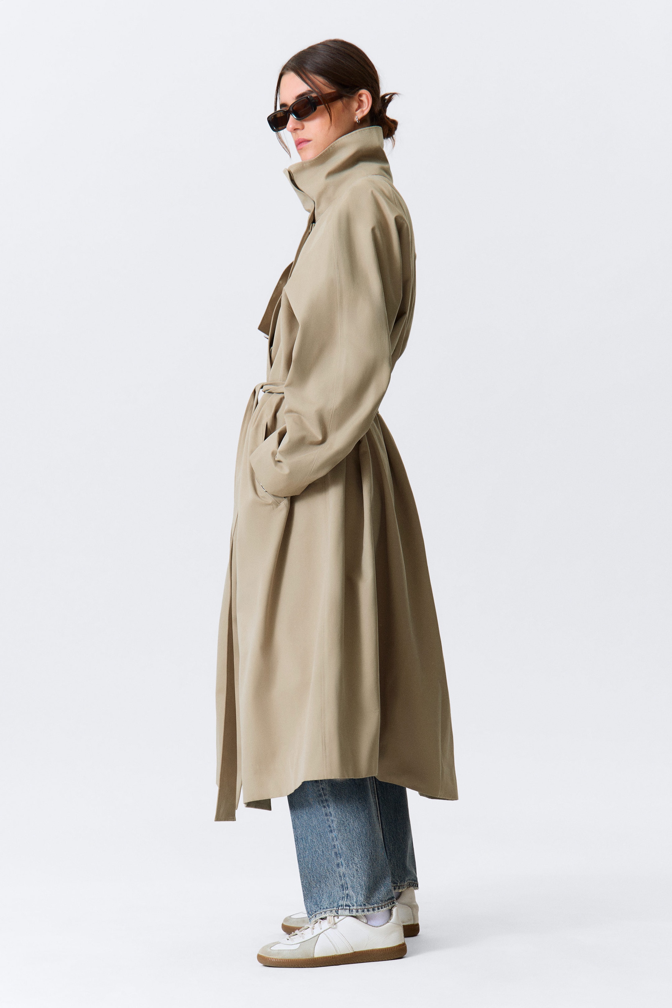 Beige - Loose Fit Trench Coat with Funnel Collar - 2