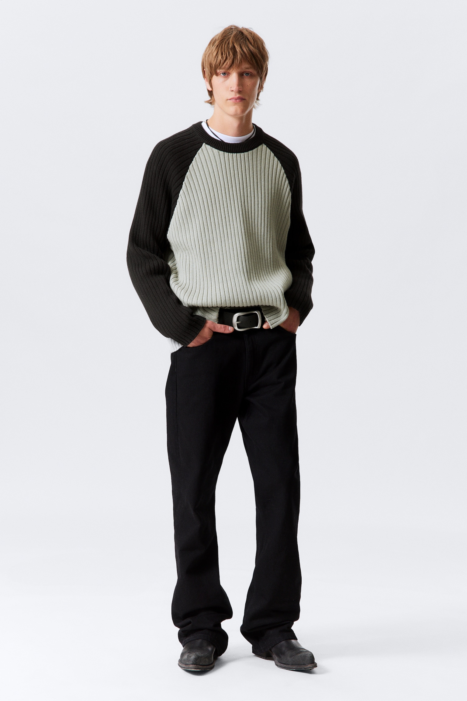 Gerippter Baumwollpullover mit Raglanärmeln - Grau/Schwarz - 4