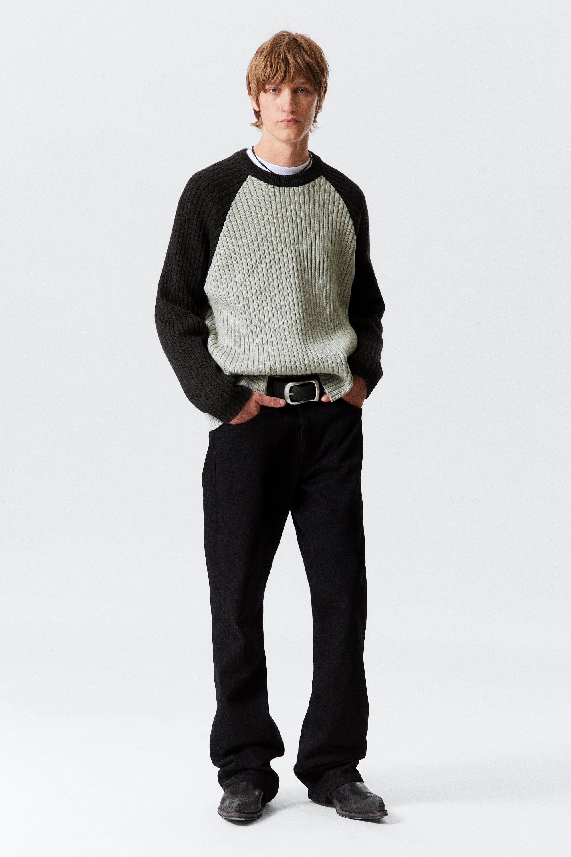 Grey/Black - Raglan-Sleeved Ribbed Cotton Sweater - 2