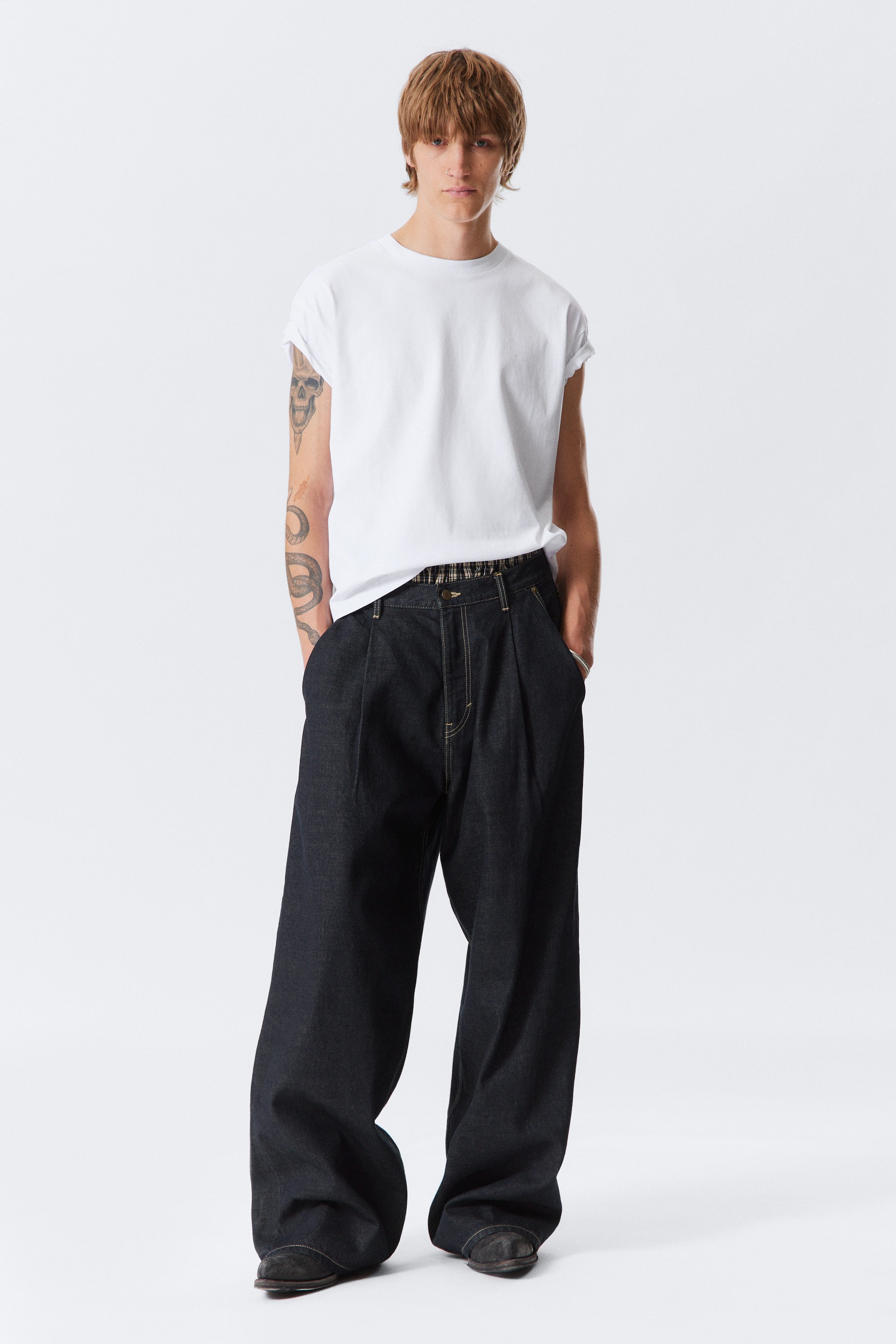 Pleated Loose Baggy Leg Jeans - Emerald Rinse - Dunkelblau