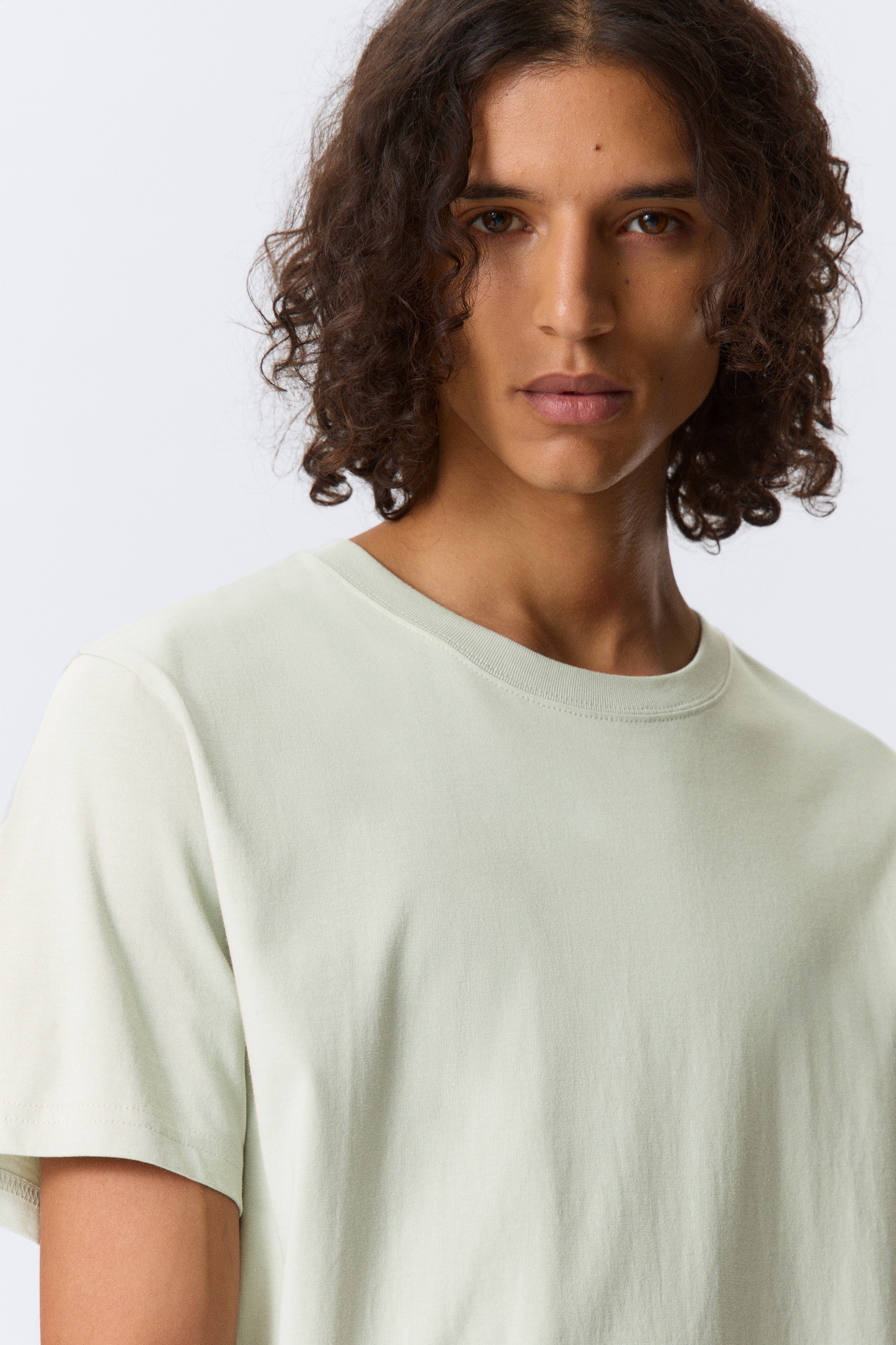 Grotere afbeelding bekijken: Een lichtgroen t-shirt wordt gedragen, iets naar rechts gekanteld. Een geribde ronde hals omringt de halslijn, en de korte mouwen tonen zichtbaar zomen zonder stiksels.