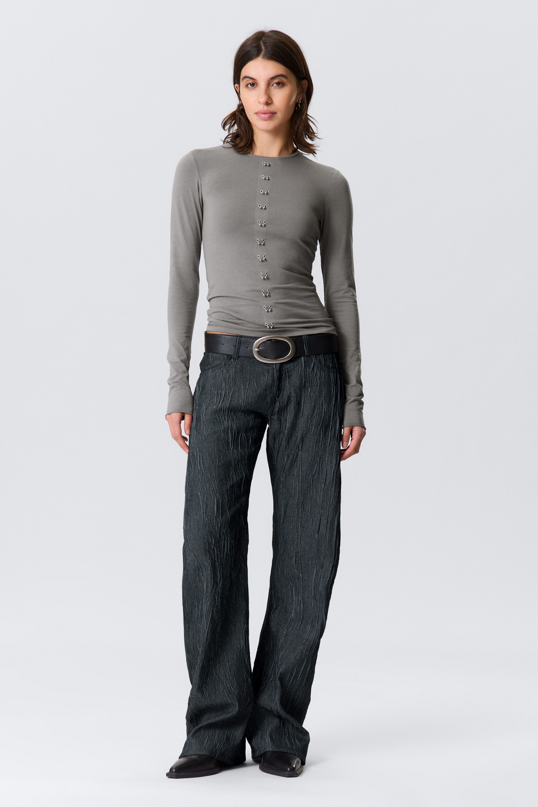 Grey - Pierced Long-Sleeved Top - 2