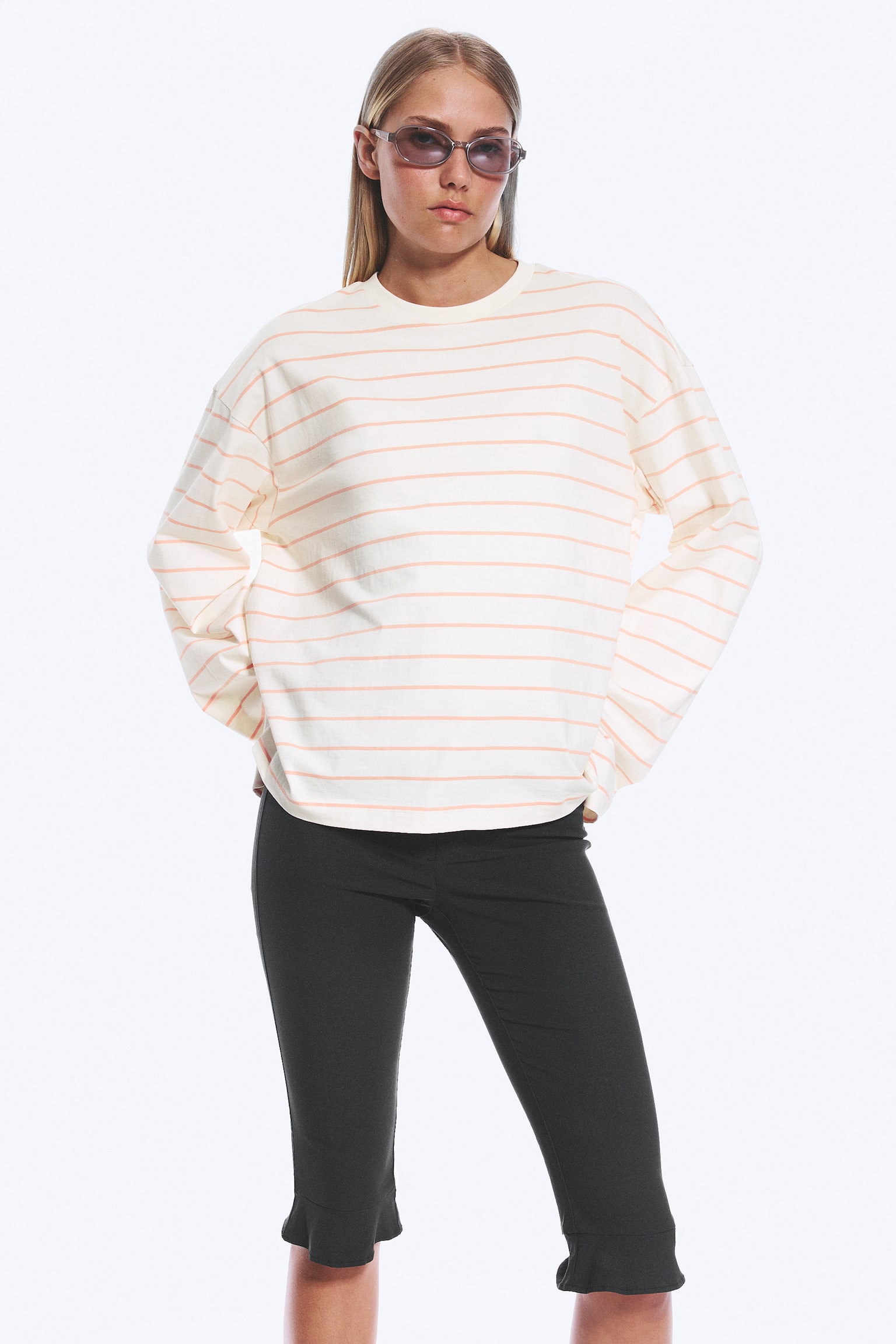 Longsleeve-Shirt aus Baumwolle - Hellbeige - Orange Streifen/Braune & weiße Streifen/Weiß - Pinke/rote Streifen/Staubweiß - Braune Streifen/Blau/braun gestreift - 1