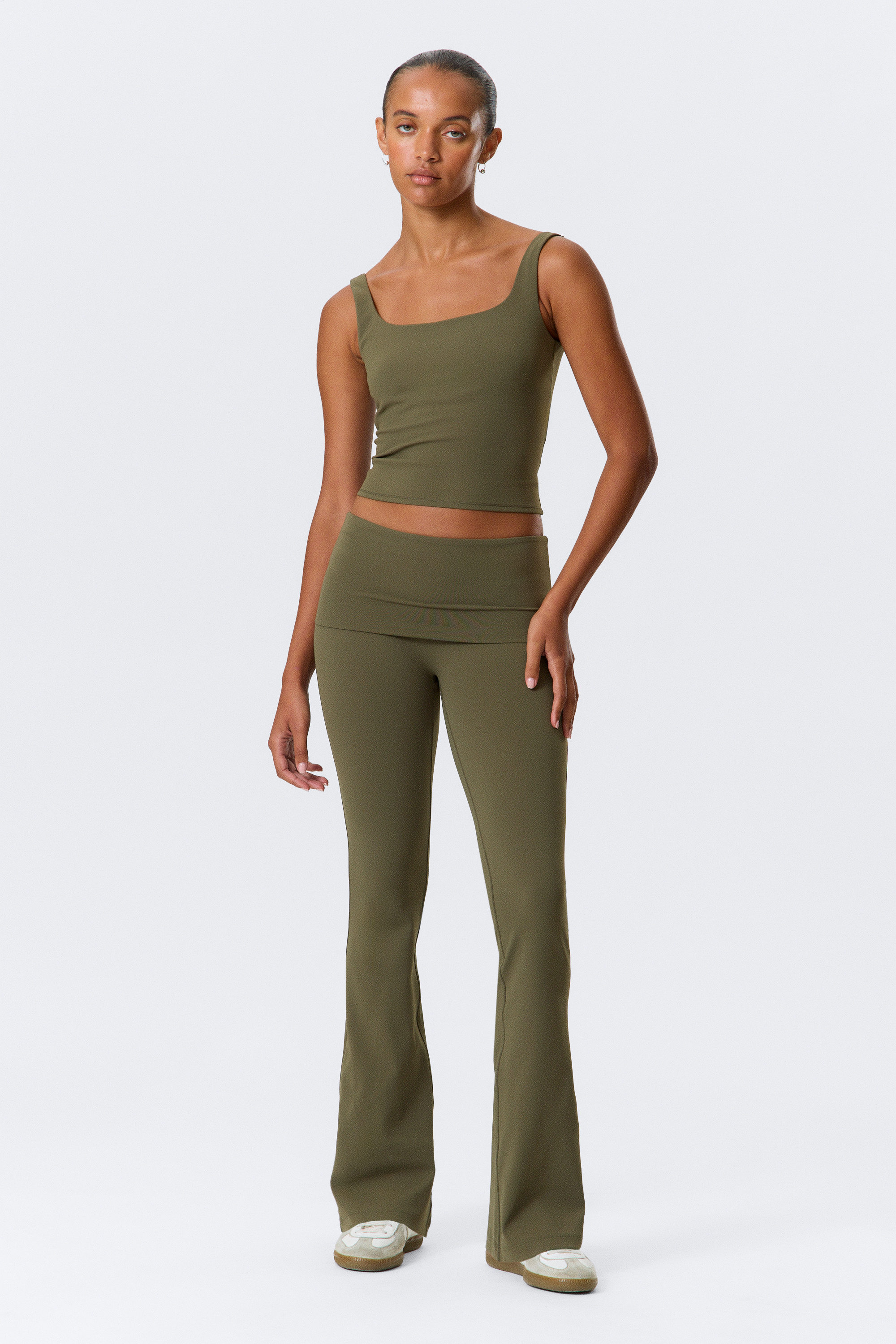 Dark Khaki Green - Folded Waist Flared Yoga Tights - 1