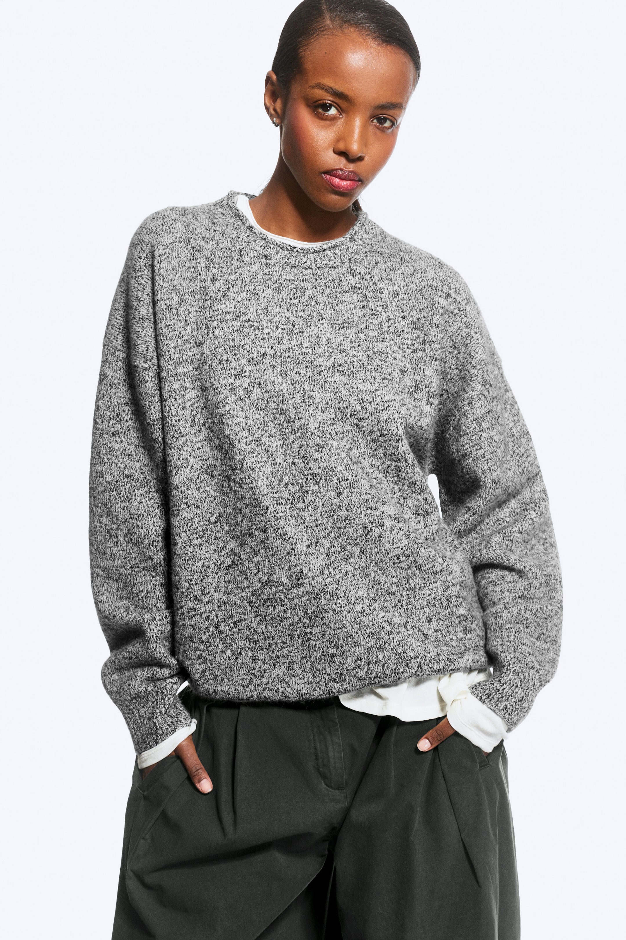 Grey Melange - Loose Knitted Crew-Neck Sweater - 2