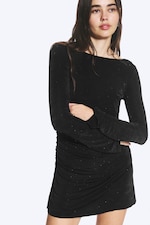Black - Rhinestones - Gathered Long-Sleeved Boat-Neck Mini Dress - 1
