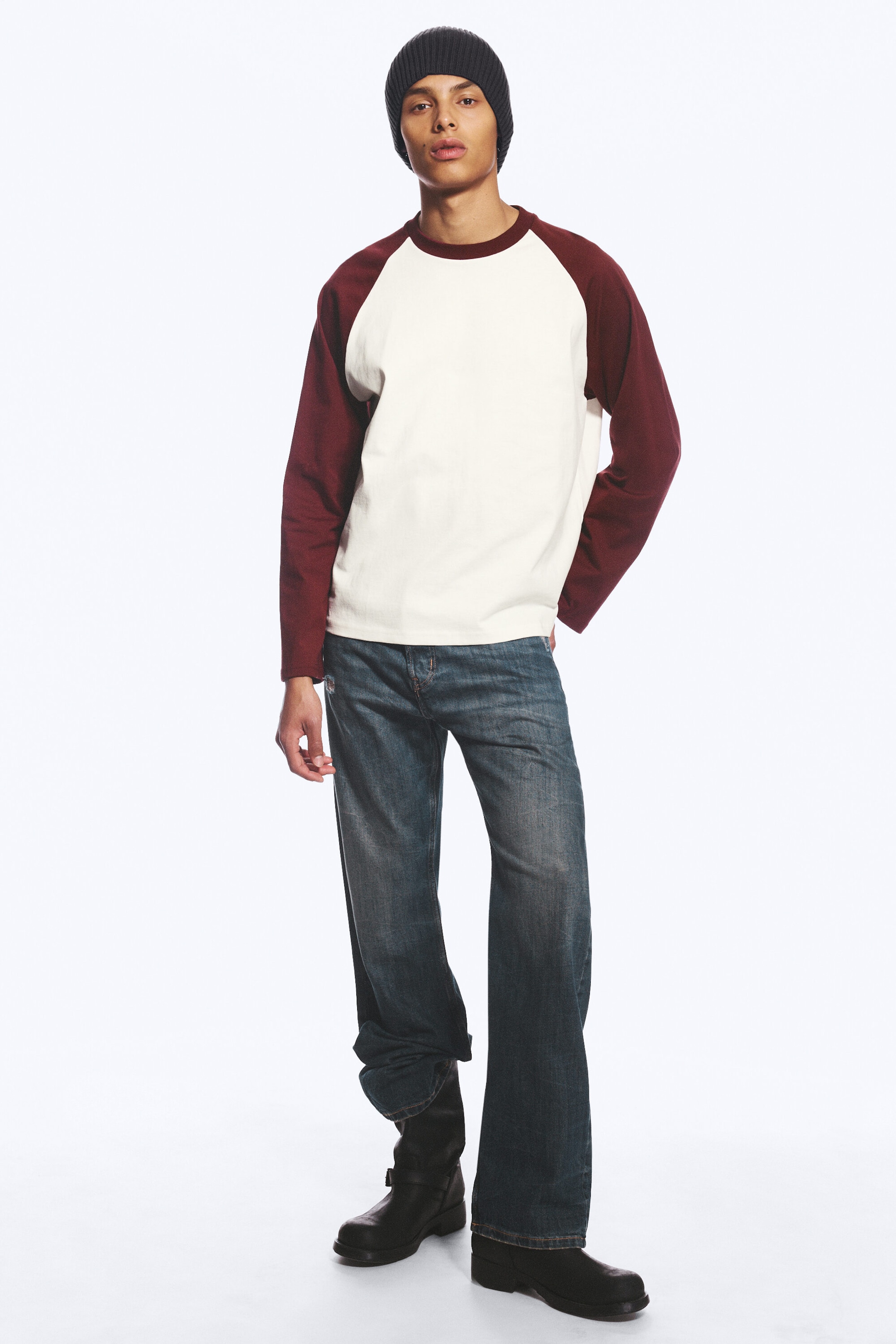 White & Burgundy - Loose Boxy Raglan-Sleeved T-shirt - 3