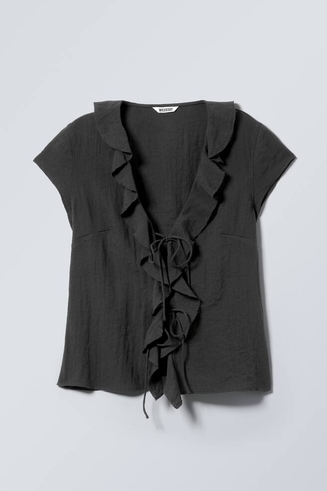 Frilled Tie-Front Top - Dark Grey/White - 1