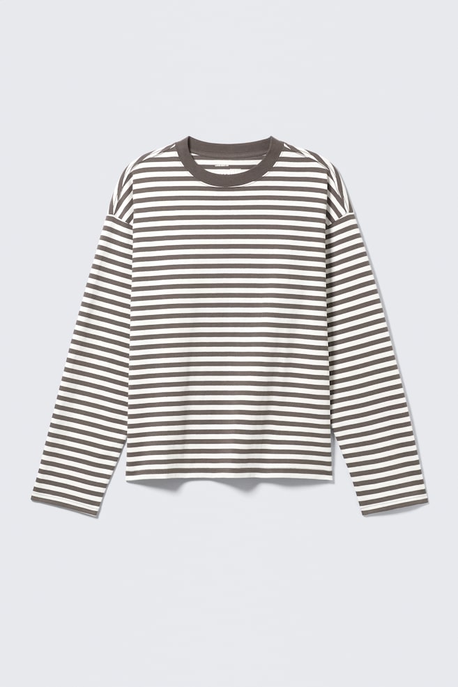 Loose Boxy Long-Sleeved T-shirt - White - Brown Stripes/White/White & Navy Stripes/White - Green Stripe/Striped Green/White/Blue & White Stripe/White/Grey Stripe/Black/Dusty Purple/Light Blue/Striped Dark Brown/Dark Brown/Dusty Blue/Dark Navy Blue/Yellow - 1