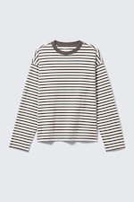 White - Brown Stripes - Loose Boxy Long-Sleeved T-shirt - 3