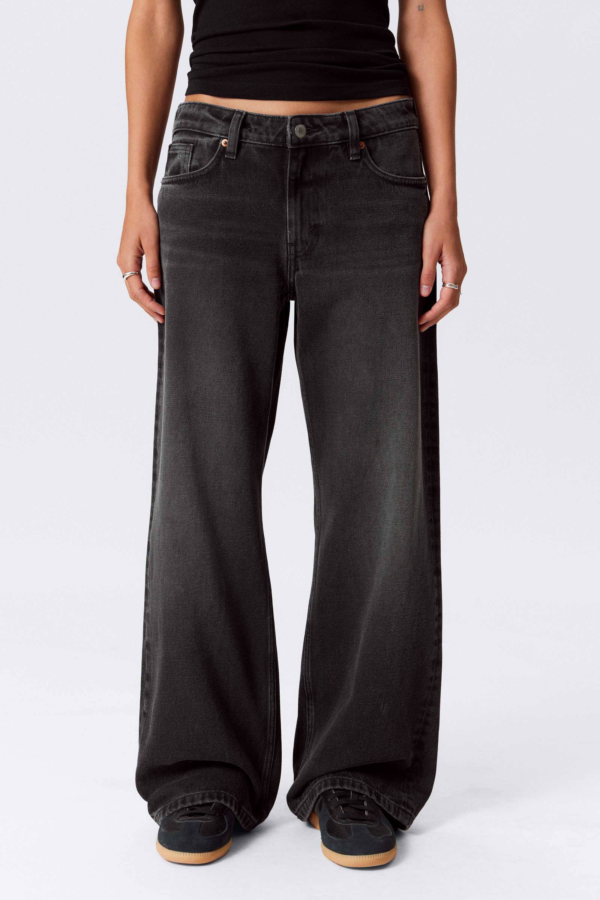 Washed Black - Imoo Low Rise Loose Wide Leg Jeans - 2
