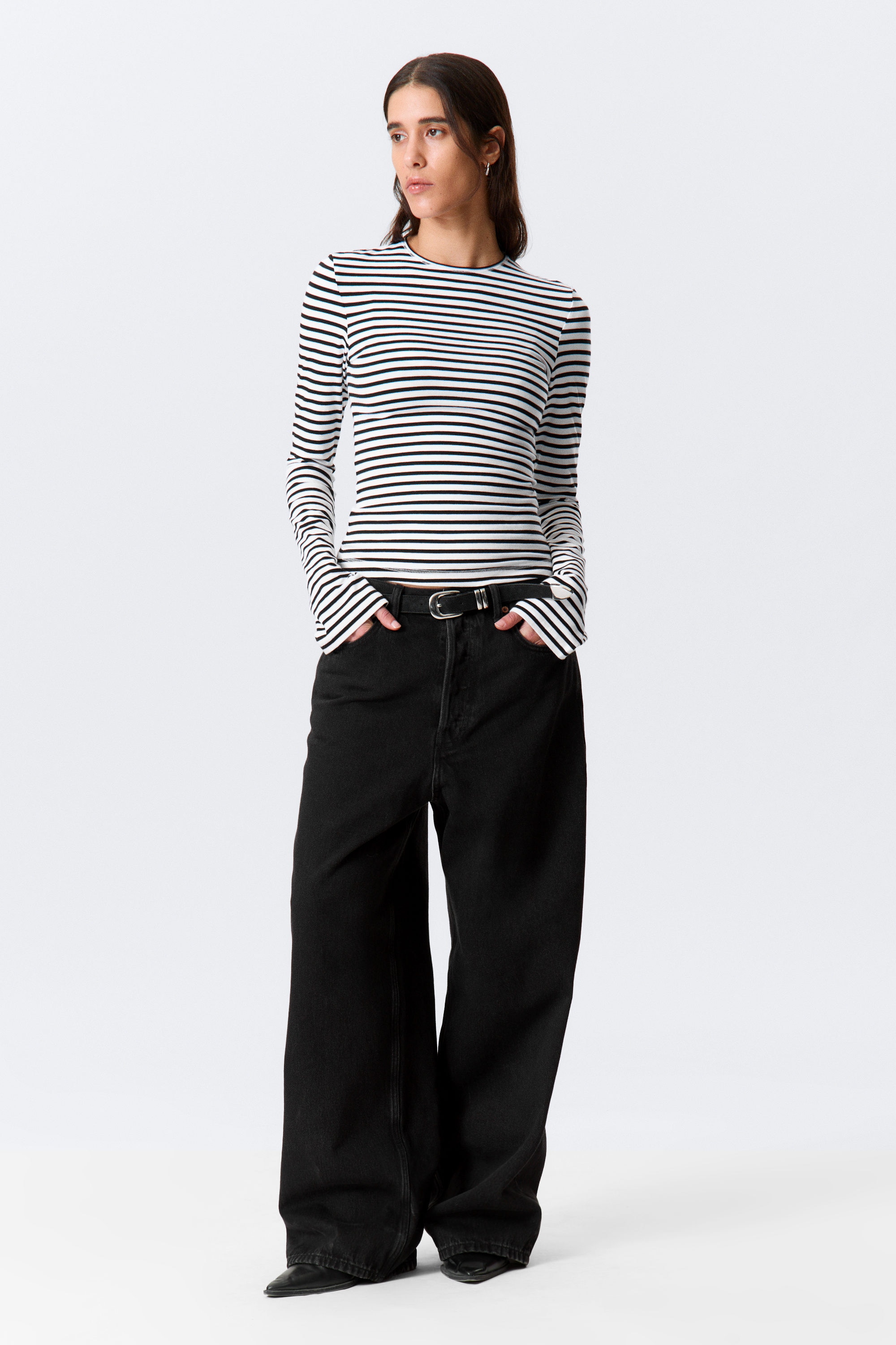 Randig Svart/Vit - Långärmad topp i bomull - 2