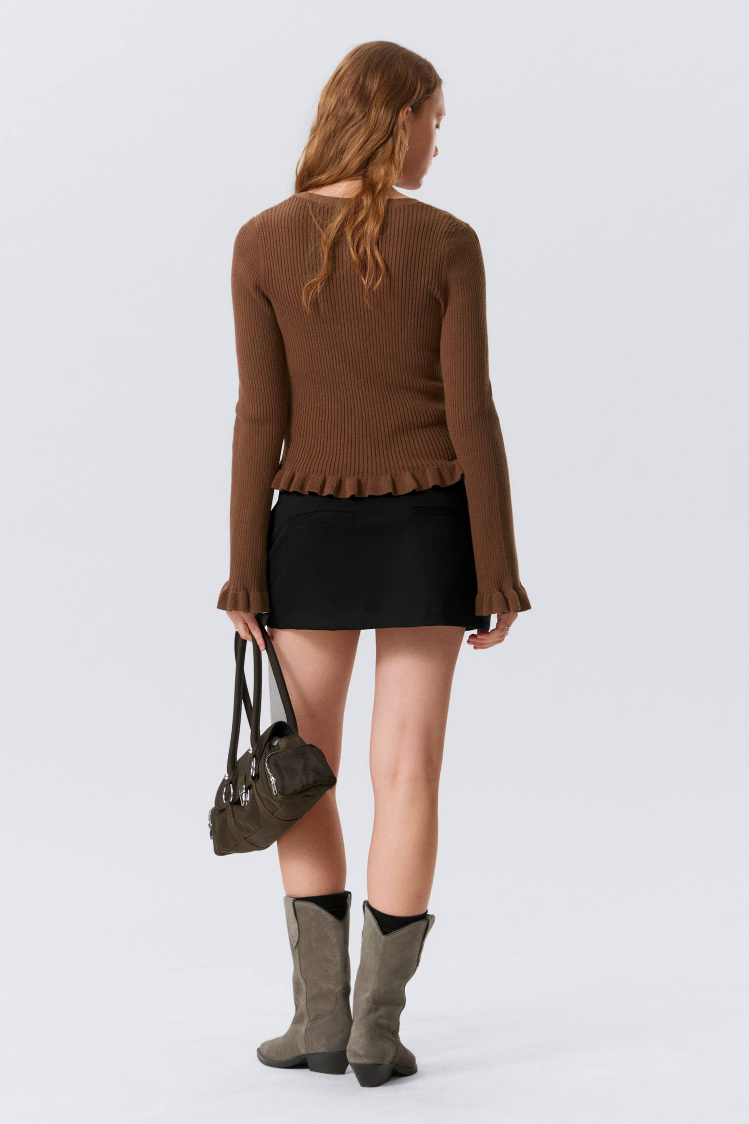 Cardigan de Malha com Decote em V - Castanho-escuro/Riscas em amarelo-claro - 3