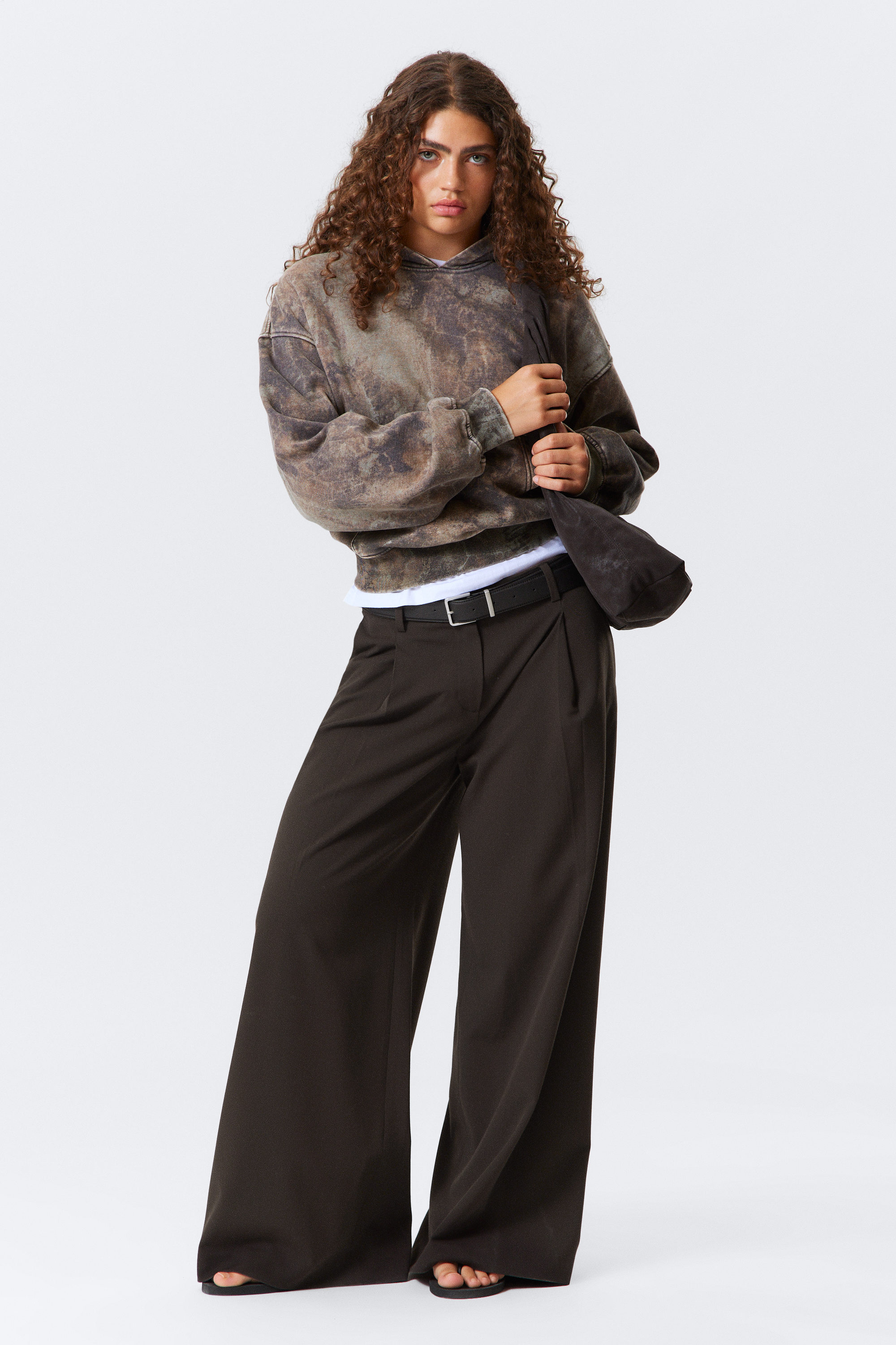 Dark Brown - Low Rise Wide Leg Pleated Suiting Trousers - 1